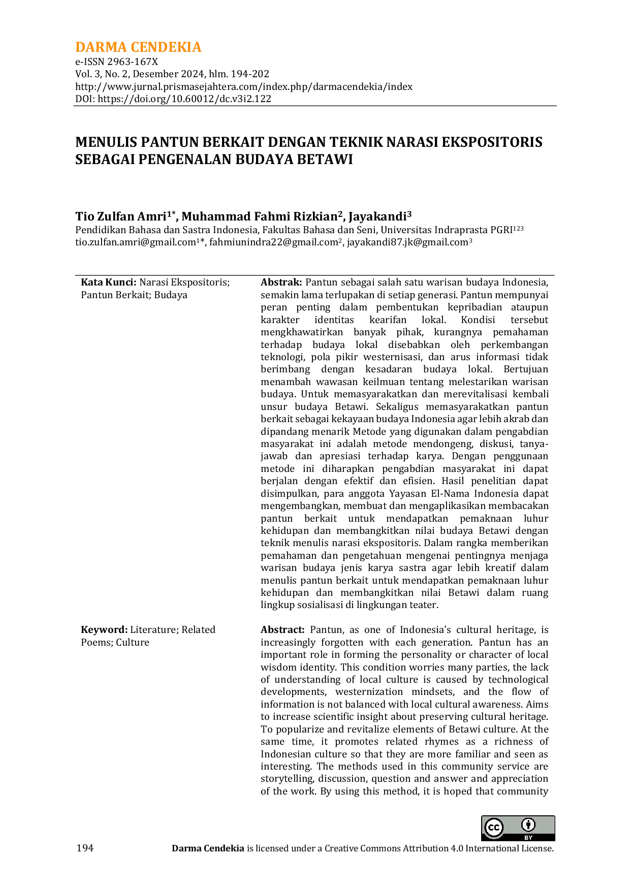 JURIS Menulis Pantun Berkait dengan Teknik Narasi Ekspositoris sebagai Pengenalan Budaya Betawi