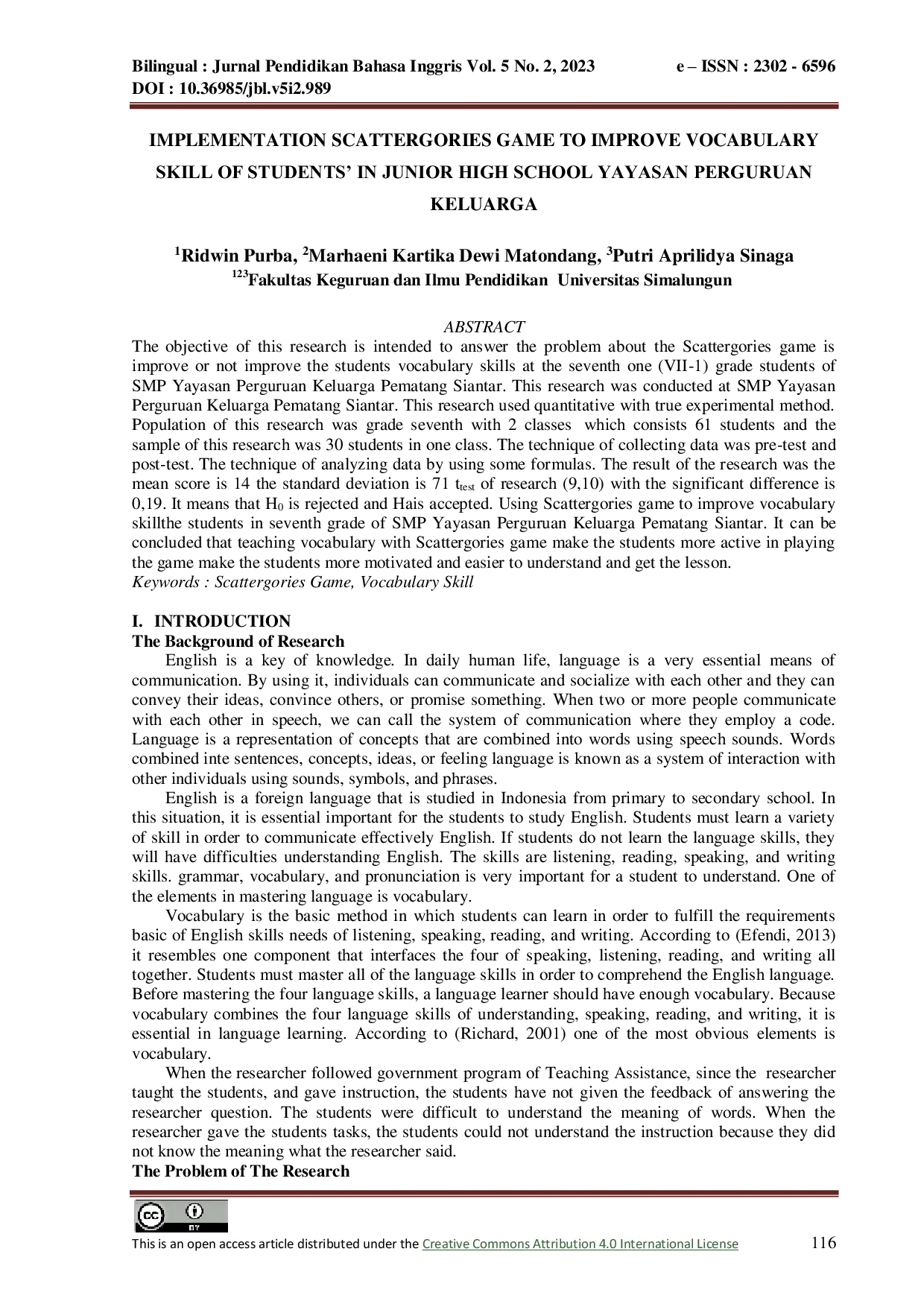 JURIS Implementation Scattergories Game To Improve Vocabulary Skill Of Students In Junior High School Yayasan Perguruan Keluarga