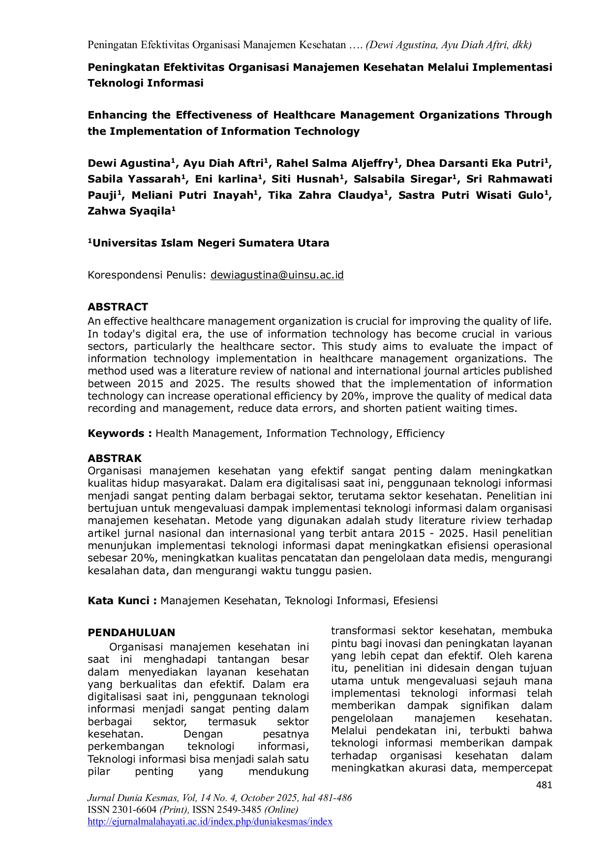 JURIS Peningkatan Efektivitas Organisasi Manajemen Kesehatan Melalui Implementasi Teknologi Informasi