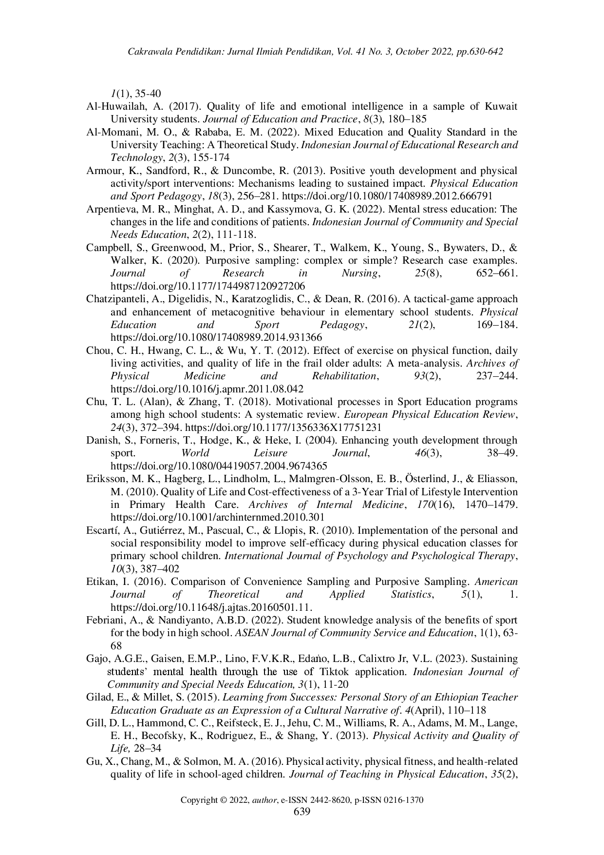juris Life quality of students majoring in sports education and its comparison with other students