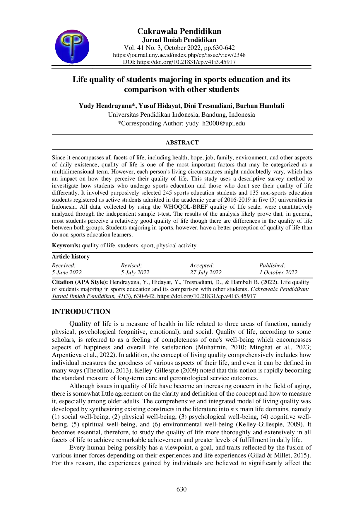 juris Life quality of students majoring in sports education and its comparison with other students