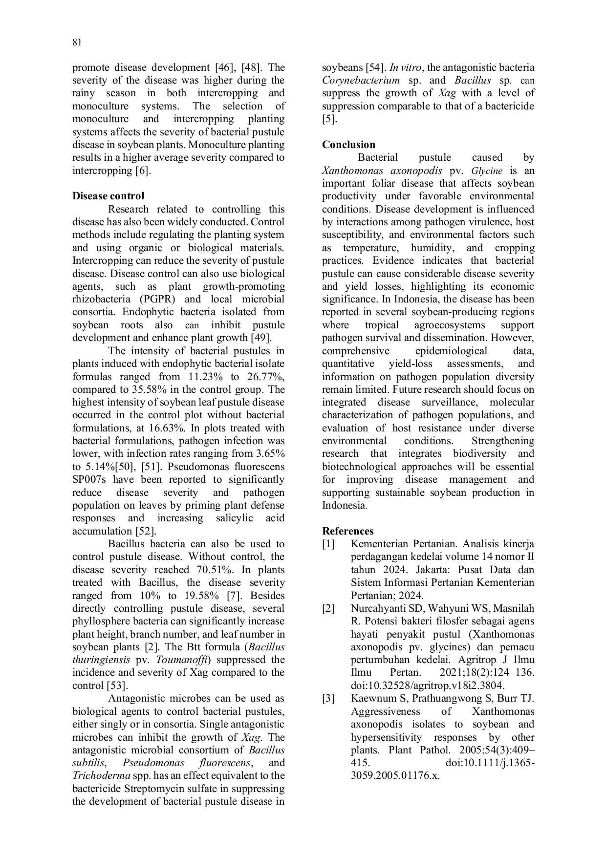 JURIS A Review Bacterial Pustule of Soybean Caused by Xanthomonas Axonopodis Pv Glycines Epidemiology Economic Impact and Status in Indonesia
