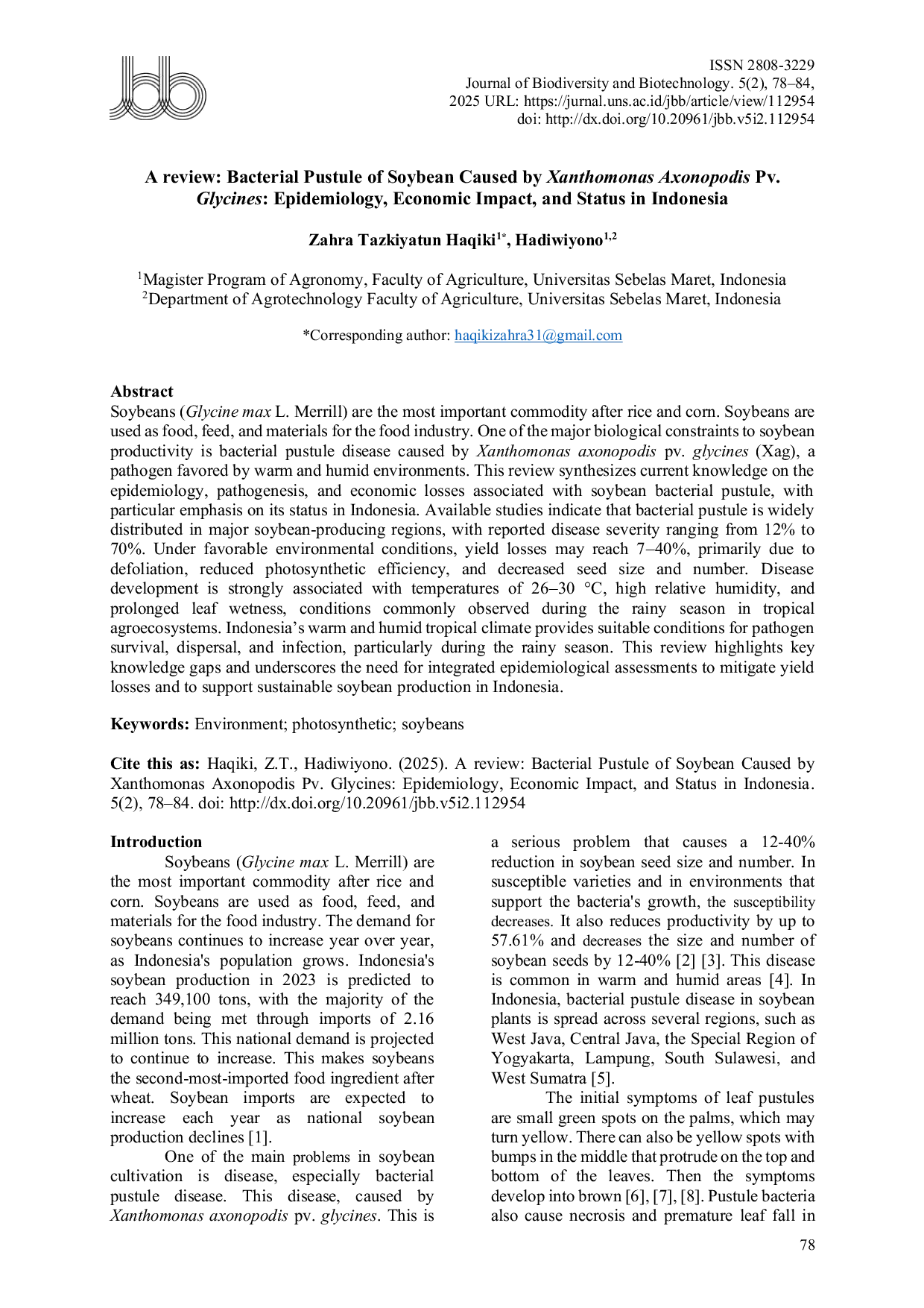 JURIS A Review Bacterial Pustule of Soybean Caused by Xanthomonas Axonopodis Pv Glycines Epidemiology Economic Impact and Status in Indonesia