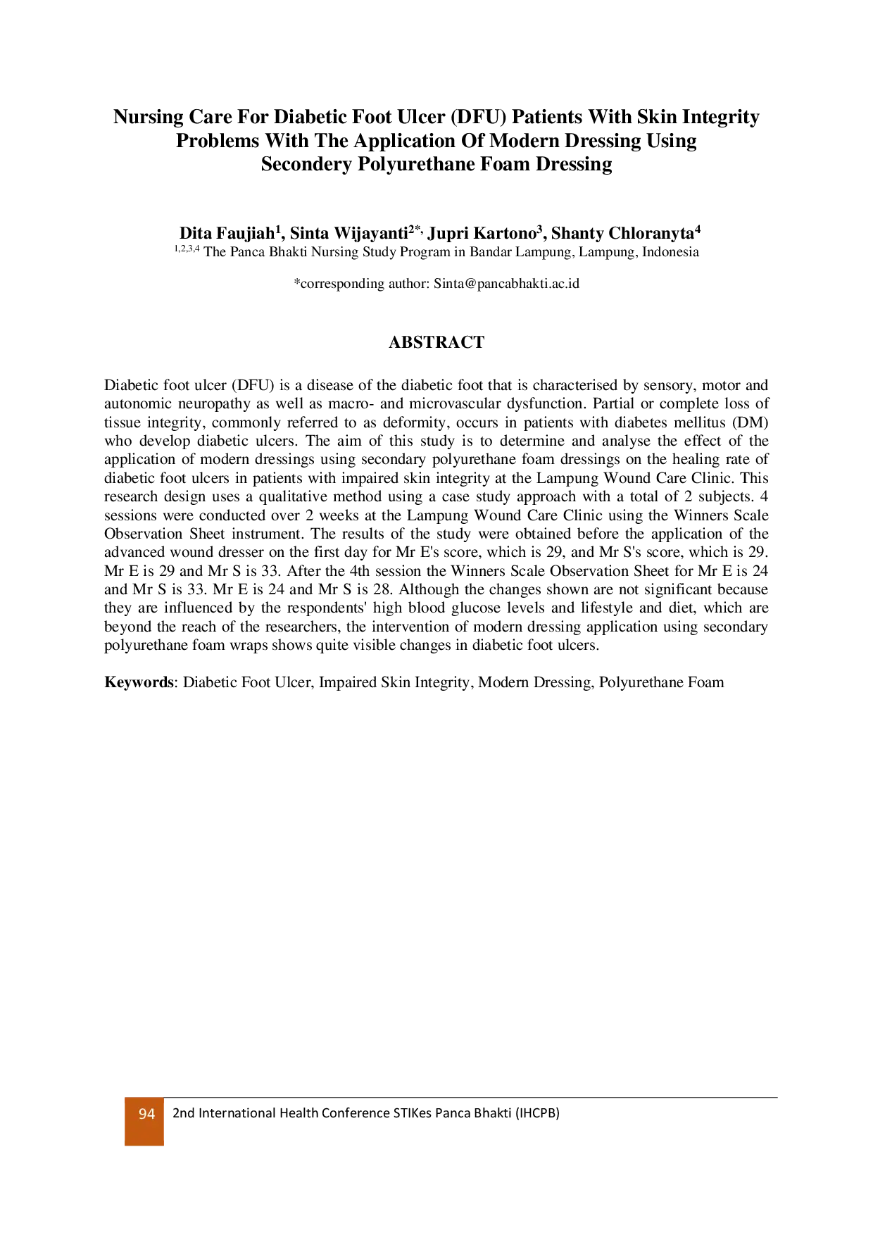 JURIS Nursing Care For Diabetic Foot Ulcer DFU Patients With Skin Integrity Problems With The Application Of Modern Dressing Using Secondery Polyurethane Foam Dressing