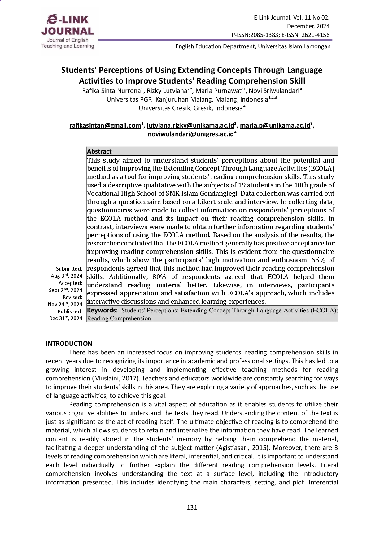 juris Students Perceptions on Using Extending Concept Through Language Activities to Improve Students Reading Comprehension Skill