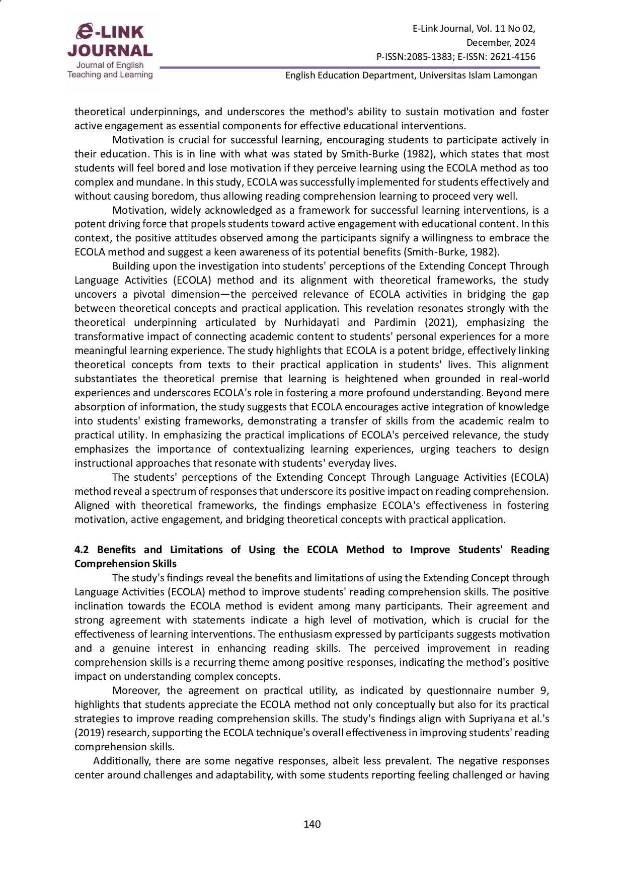 juris Students Perceptions on Using Extending Concept Through Language Activities to Improve Students Reading Comprehension Skill