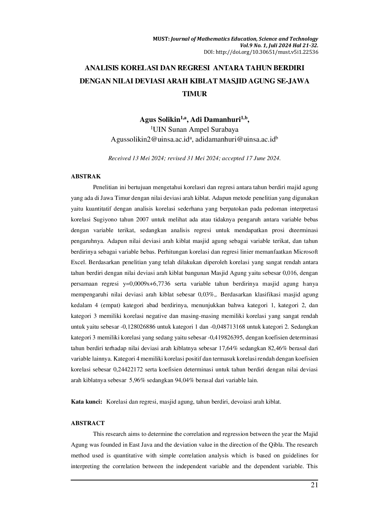 JURIS Analisis Korelasi dan Regresi Antara Tahun Berdiri dengan Nilai Deviasi Arah Kiblat Masjid Agung Se Jawa Timur