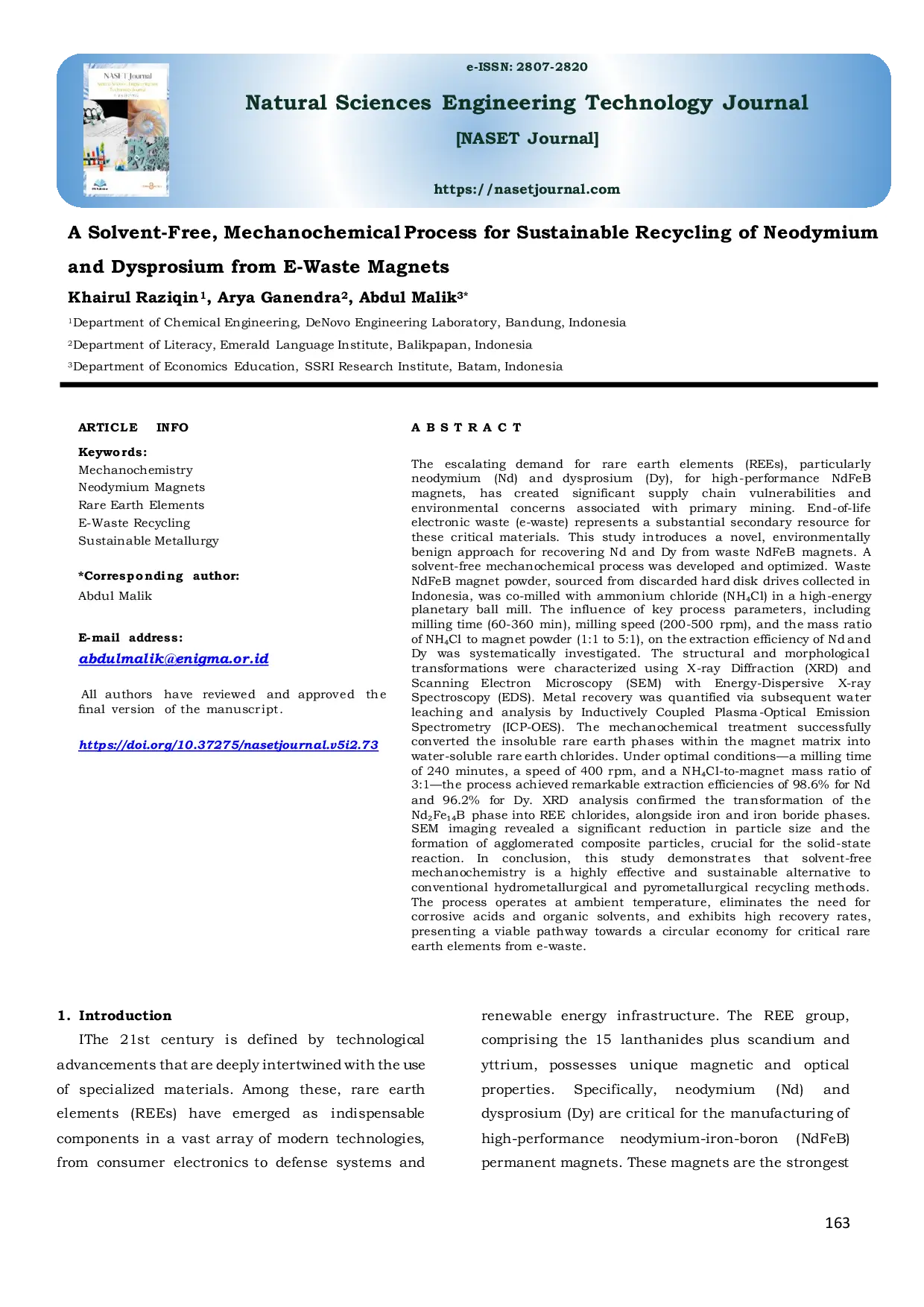 JURIS A Solvent Free Mechanochemical Process for Sustainable Recycling of Neodymium and Dysprosium from E Waste Magnets