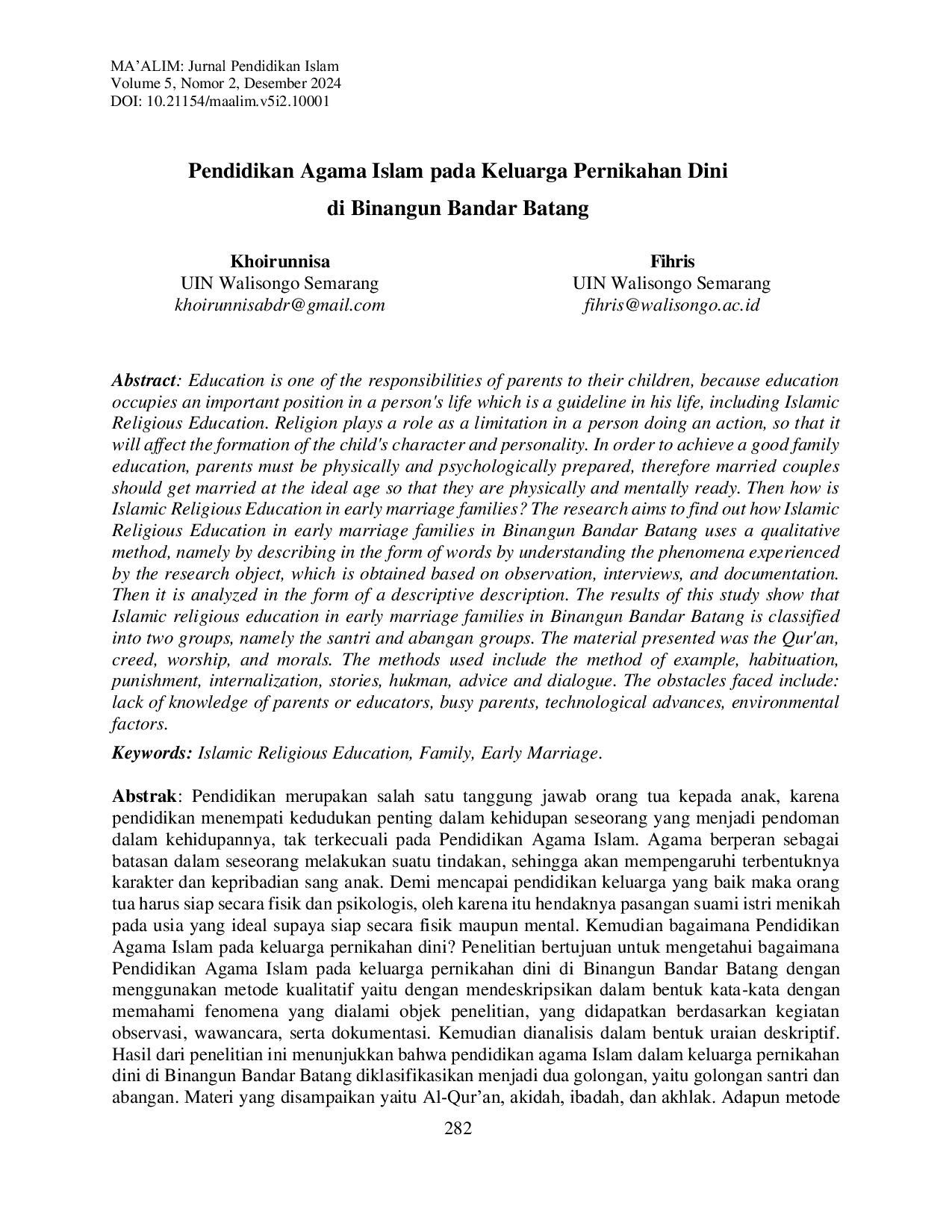 JURIS Pendidikan Agama Islam pada Keluarga Pernikahan Dini di Binangun Bandar Batang