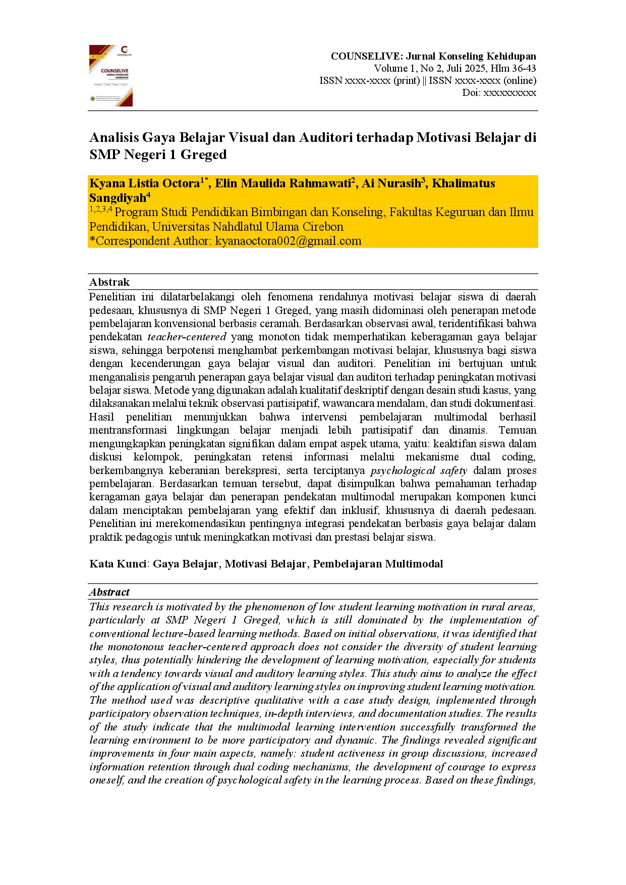 juris Analisis Gaya Belajar Visual dan Auditori terhadap Motivasi Belajar di SMP Negeri 1 Greged