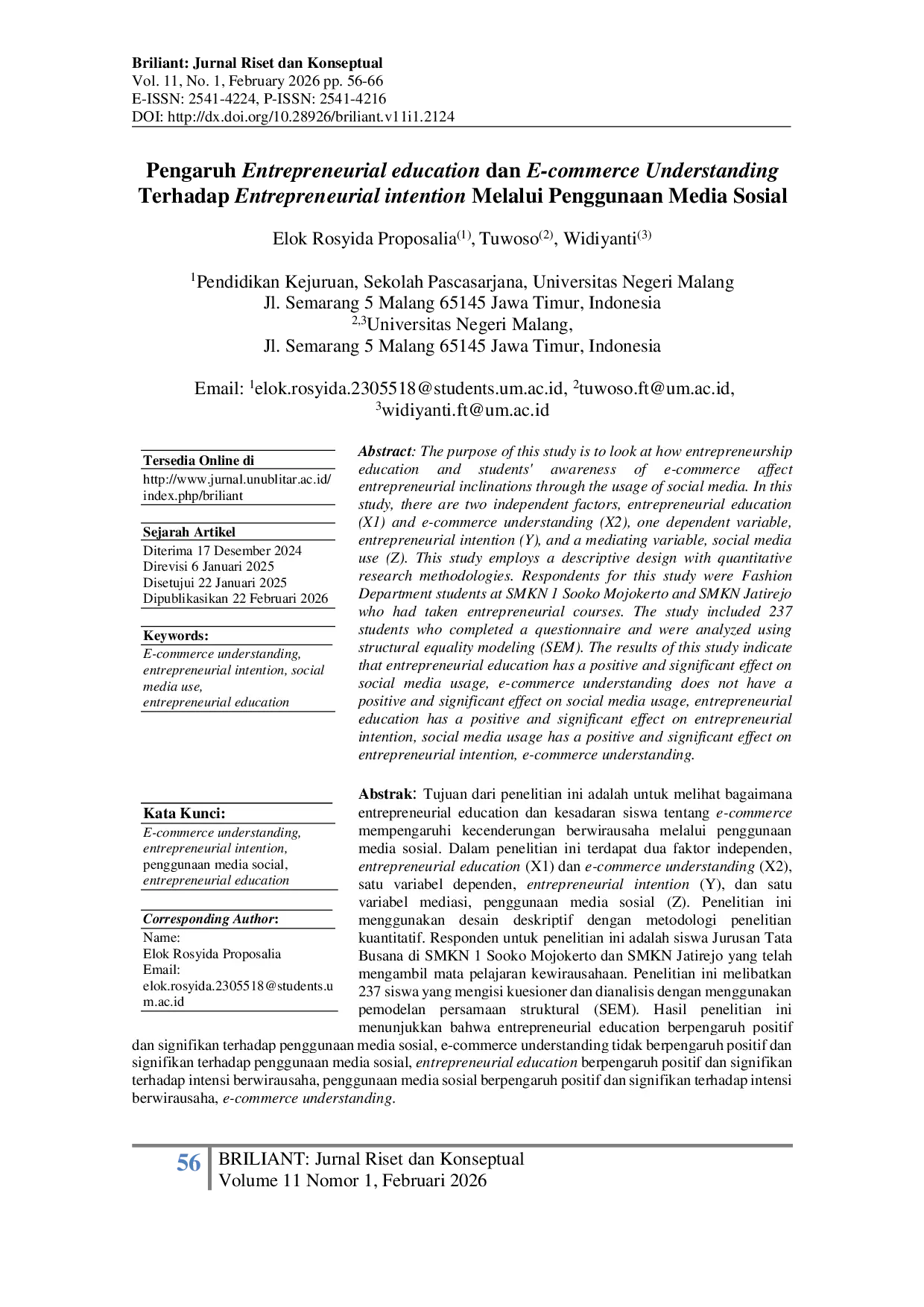 JURIS Pengaruh Entrepreneurial education dan E commerce Understanding Terhadap Entrepreneurial intention Melalui Penggunaan Media Sosial