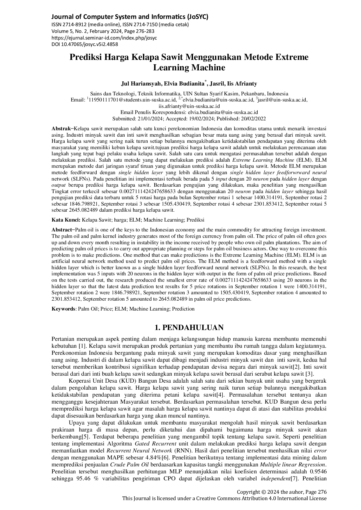 JURIS Prediksi Harga Kelapa Sawit Menggunakan Metode Extreme Learning Machine