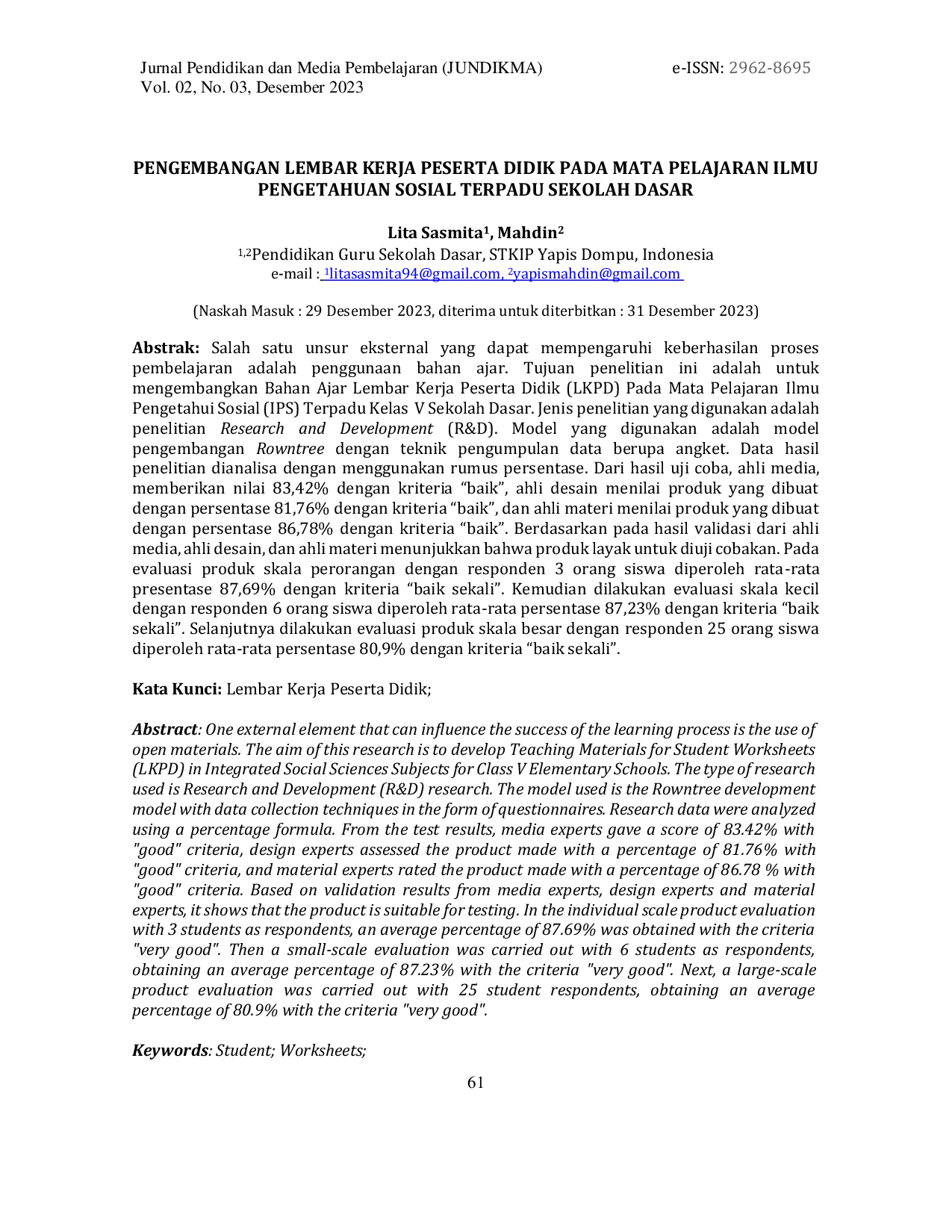 JURIS Pengembangan Lembar Kerja Peserta Didik pada Mata Pelajaran Ilmu Pengetahuan Sosial Terpadu Sekolah Dasar