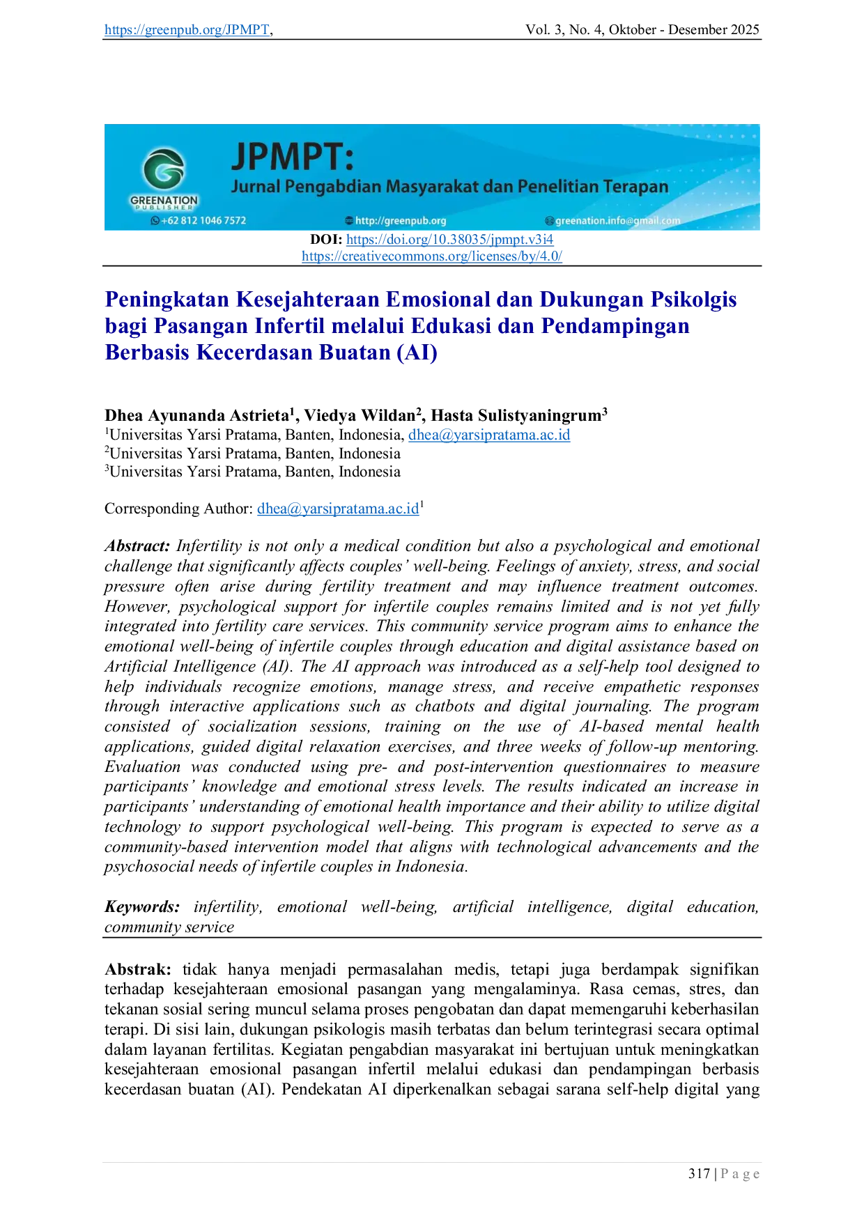 JURIS Peningkatan Kesejahteraan Emosional dan Dukungan Psikolgis bagi Pasangan Infertil melalui Edukasi dan Pendampingan Berbasis Kecerdasan Buatan AI