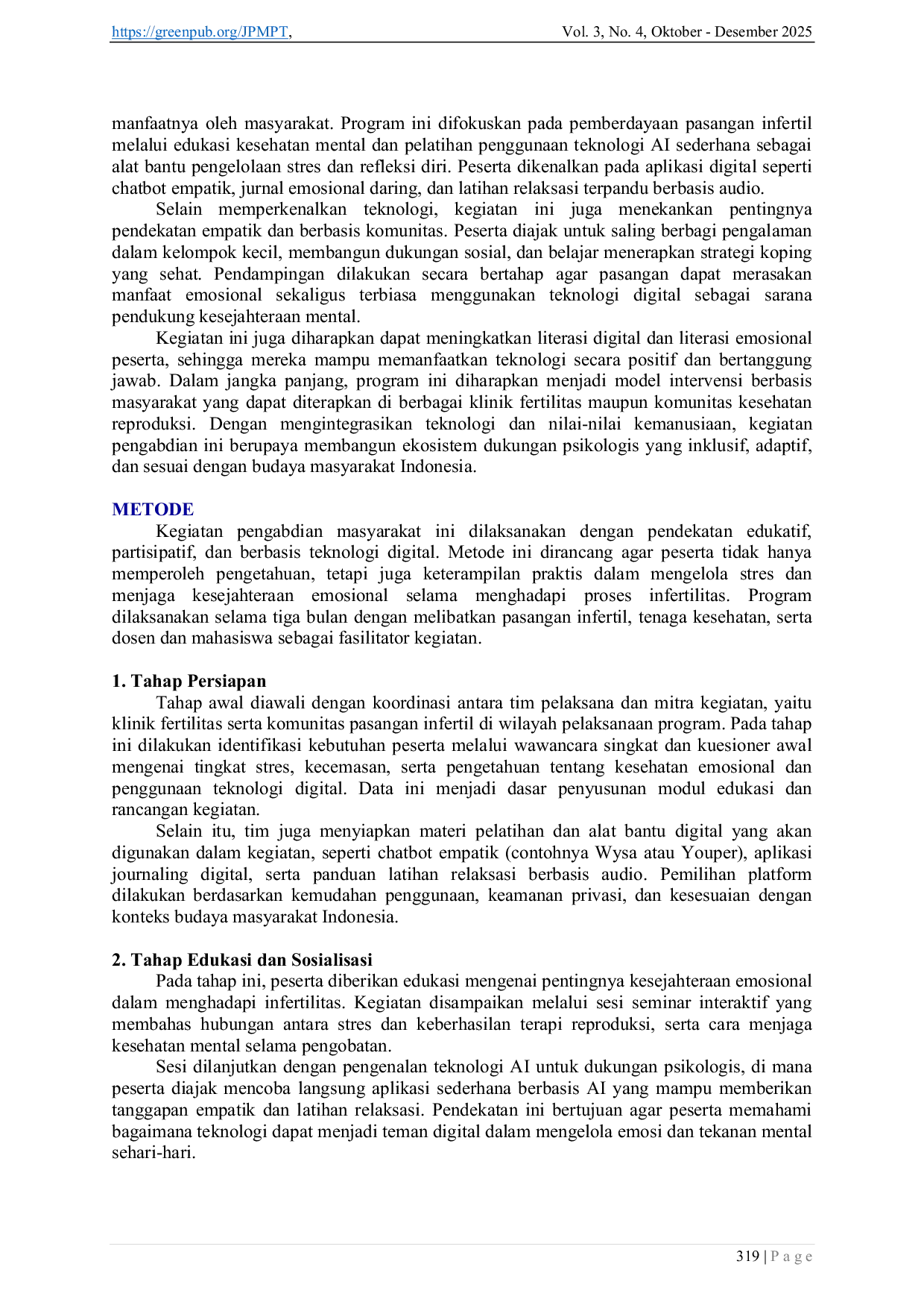 JURIS Peningkatan Kesejahteraan Emosional dan Dukungan Psikolgis bagi Pasangan Infertil melalui Edukasi dan Pendampingan Berbasis Kecerdasan Buatan AI