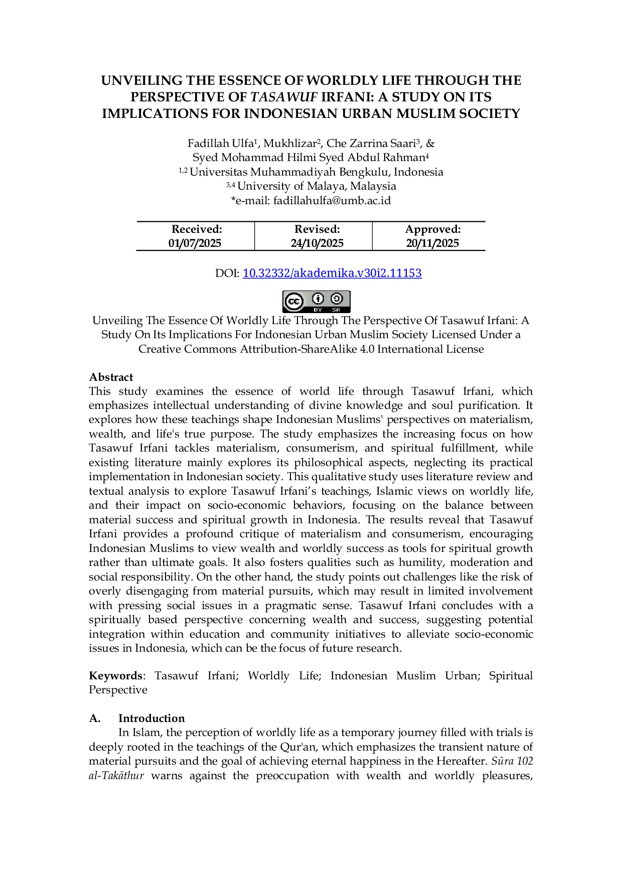 JURIS Unveiling the Essence of Worldly Life Through the Perspective of Tasawuf Irfani A Study on Its Implications for Indonesian Urban Muslim Society