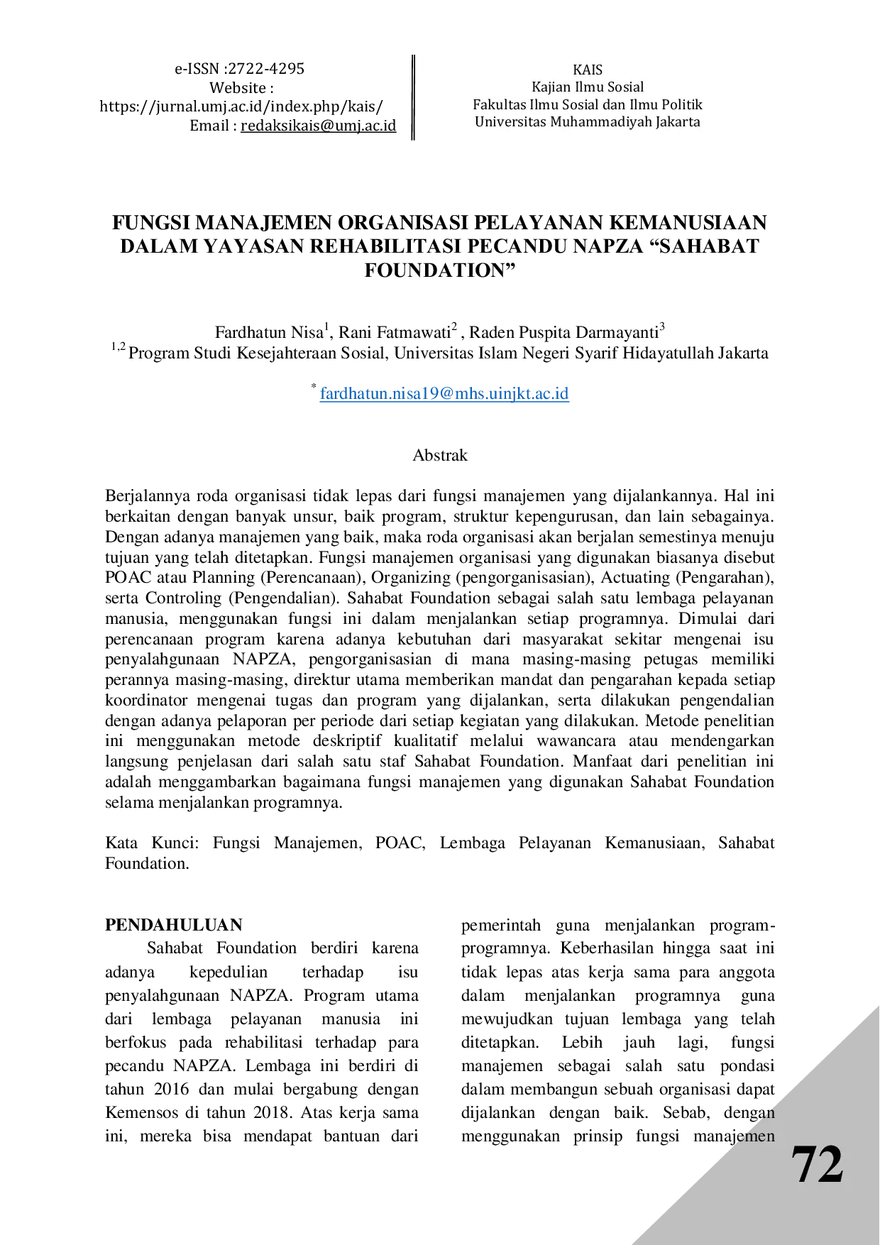 JURIS Fungsi Manajemen Organisasi Pelayanan Kemanusiaan Dalam Yayasan Rehabilitasi Pecandu NAPZA Sahabat Foundation