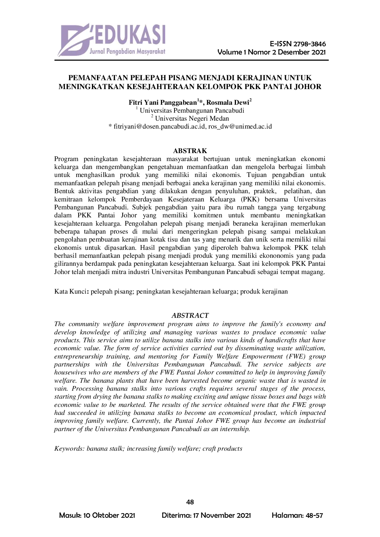 JURIS Pemanfaatan Pelepah Pisang Menjadi Kerajinan Untuk Meningkatkan Kesejahteraan Kelompok PKK Pantai Johor