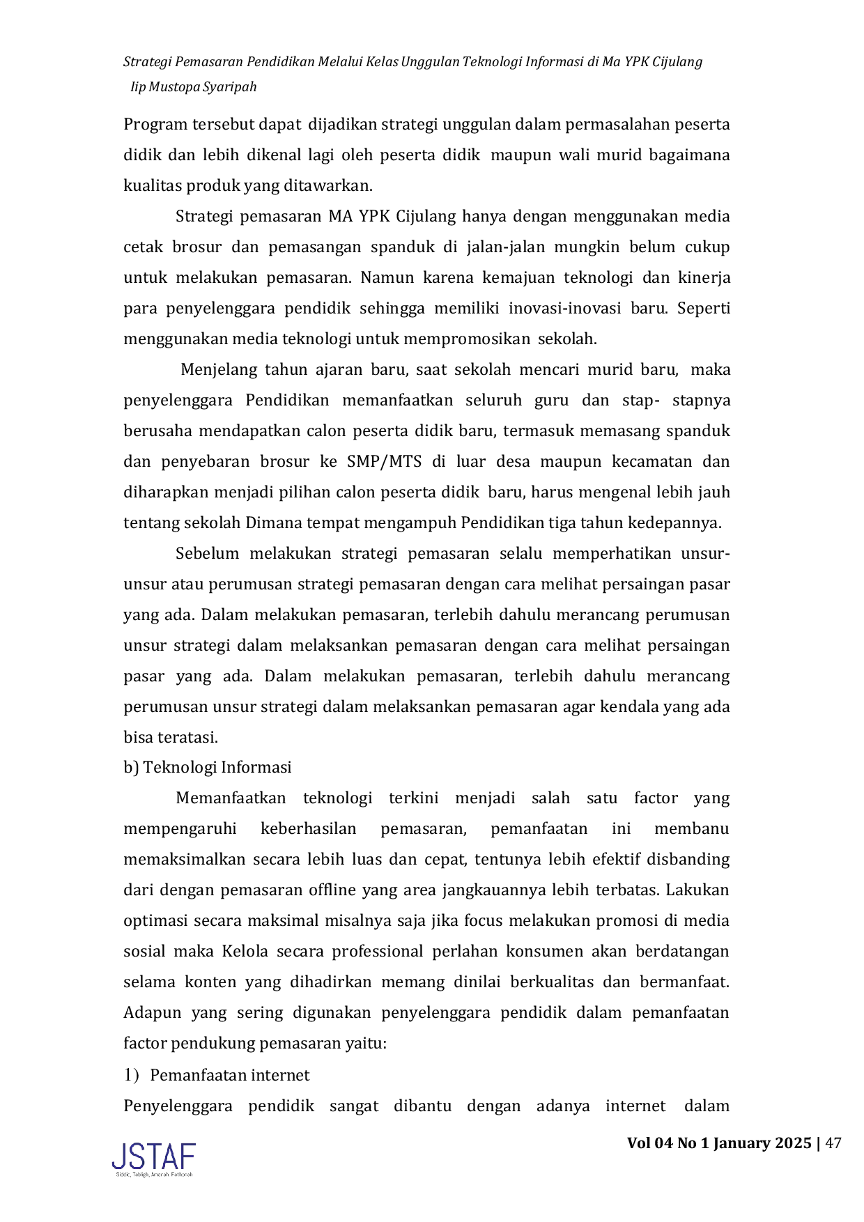 JURIS Strategi Pemasaran Pendidikan Melalui Kelas Unggulan Teknologi Informasi di Ma YPK Cijulang