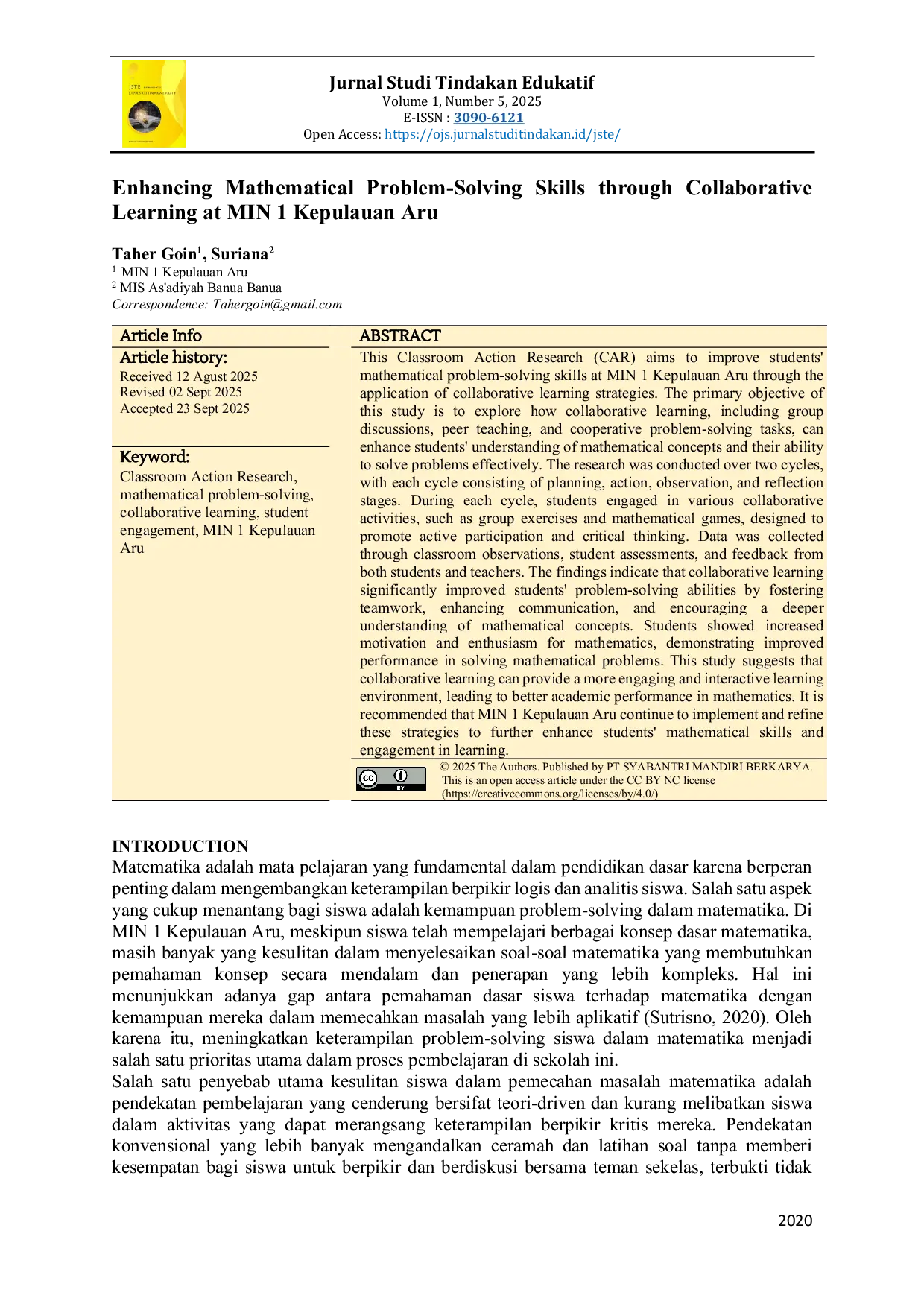 JURIS Enhancing Mathematical Problem Solving Skills through Collaborative Learning at MIN 1 Kepulauan Aru