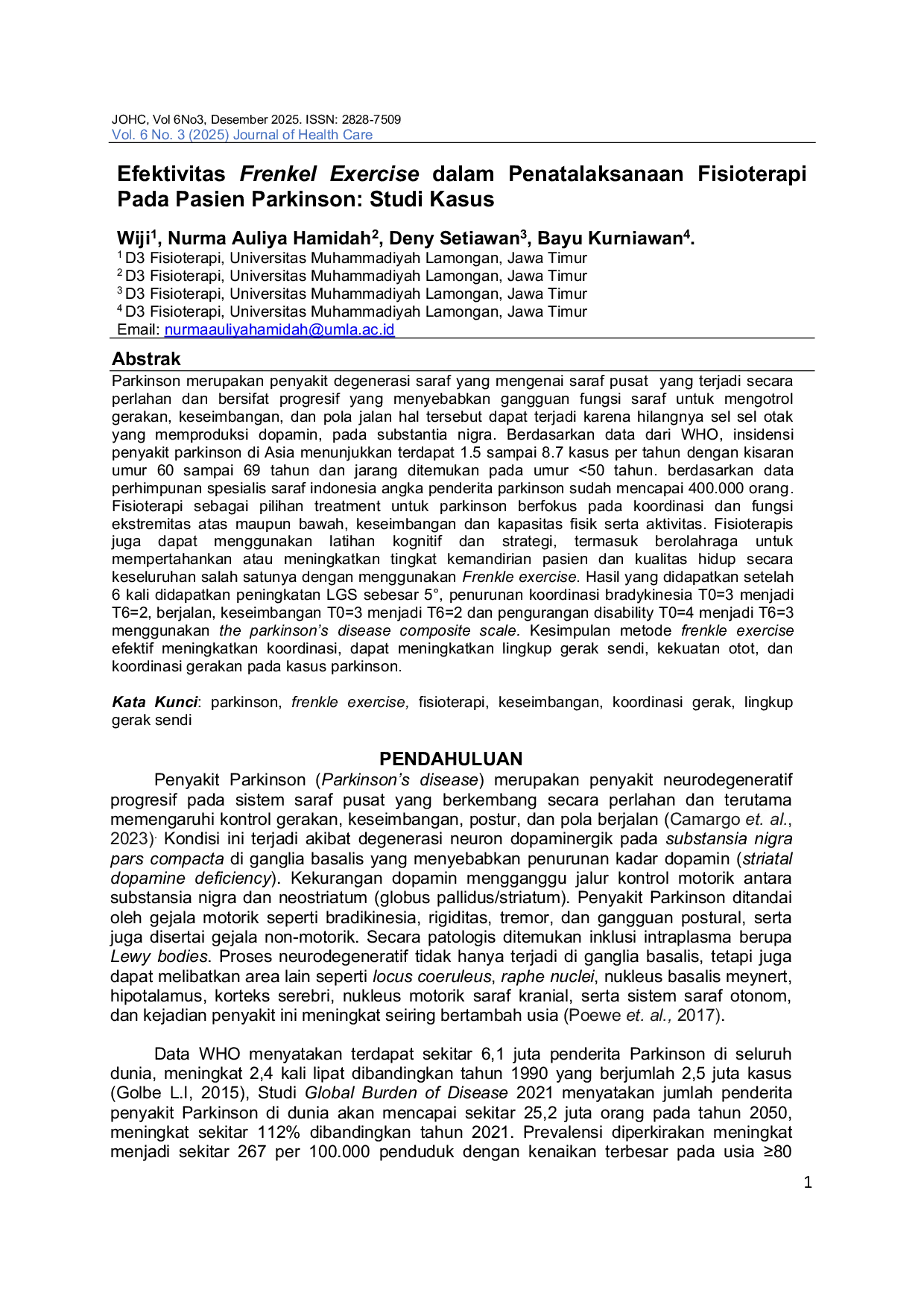 JURIS Efektivitas Frenkel Exercise dalam Penatalaksanaan Fisioterapi Pada Pasien Parkinson Studi Kasus