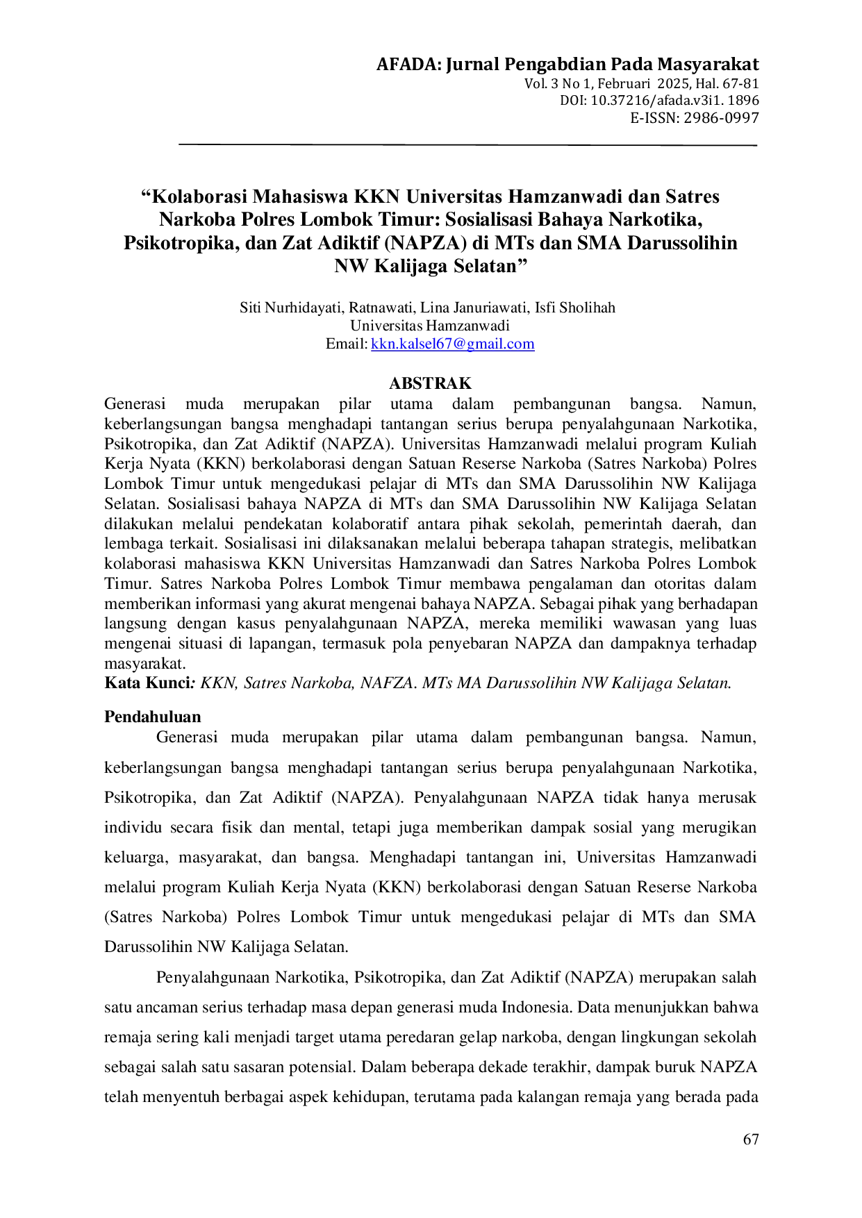 JURIS Aksi Kolaborasi Mahasiswa KKN Universitas Hamzanwadi dan Satres Narkoba Polres Lombok Timur Sosialisasi Bahaya Narkotika Psikotropika dan Zat Adiktif NAPZA di MTs dan SMA Darussolihin NW Kalijaga