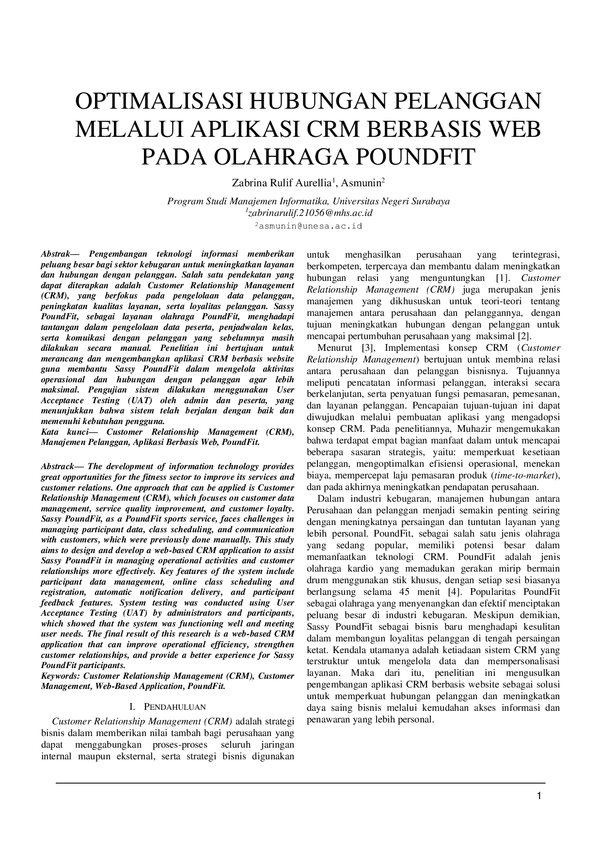 JURIS Optimalisasi Hubungan Pelanggan Melalui Aplikasi CRM Berbasis Web Pada Olahraga PoundFit