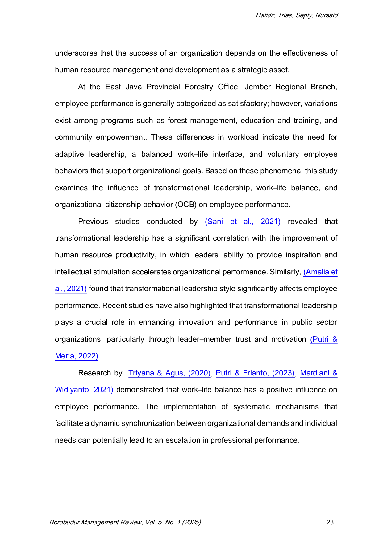 JURIS The Influence of Transformational Leadership Work Life Balance and Organizational Citizenship Behavior on Employee Performance in the East Java Provincial Forestry Office Jember Branch