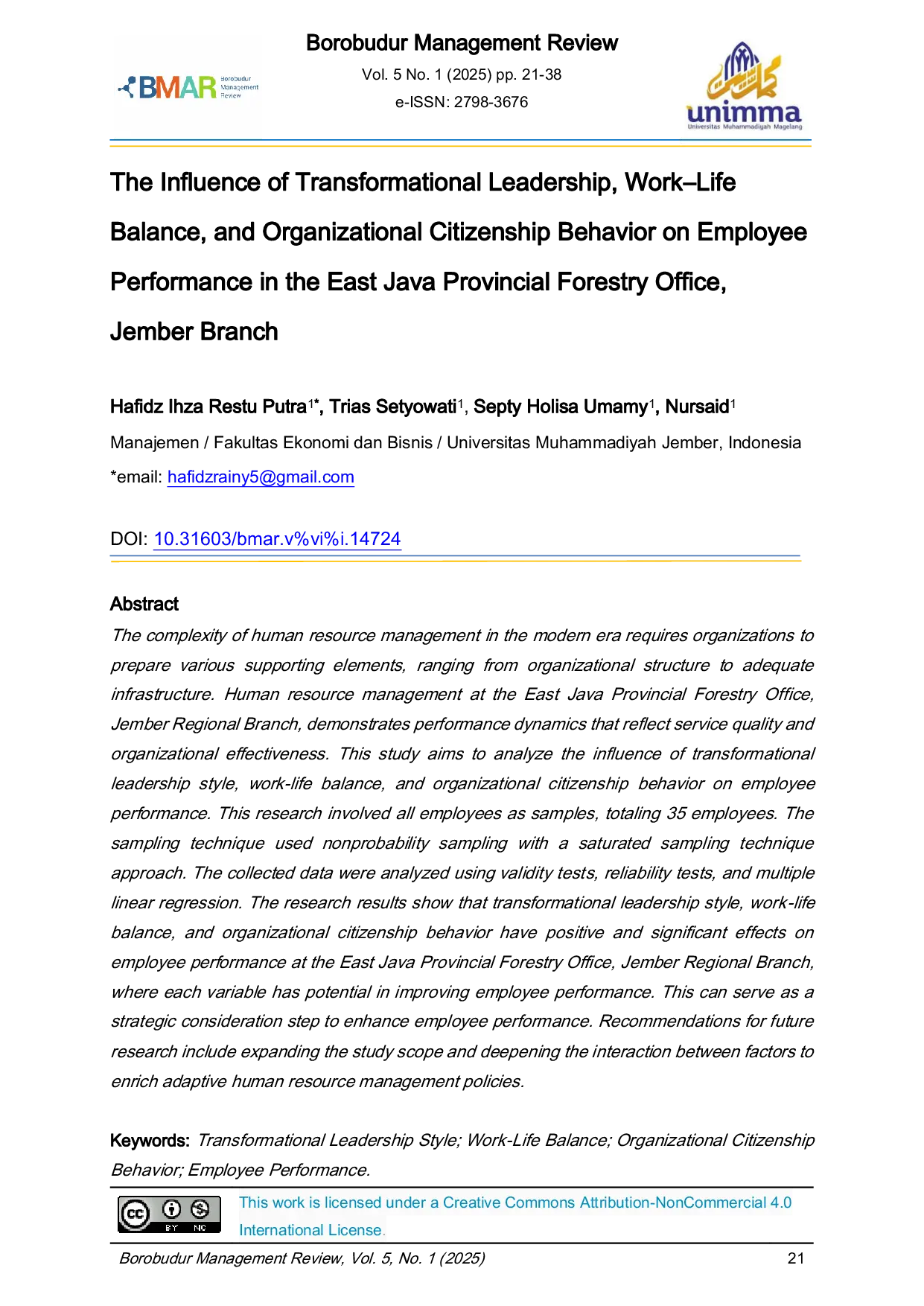 JURIS The Influence of Transformational Leadership Work Life Balance and Organizational Citizenship Behavior on Employee Performance in the East Java Provincial Forestry Office Jember Branch