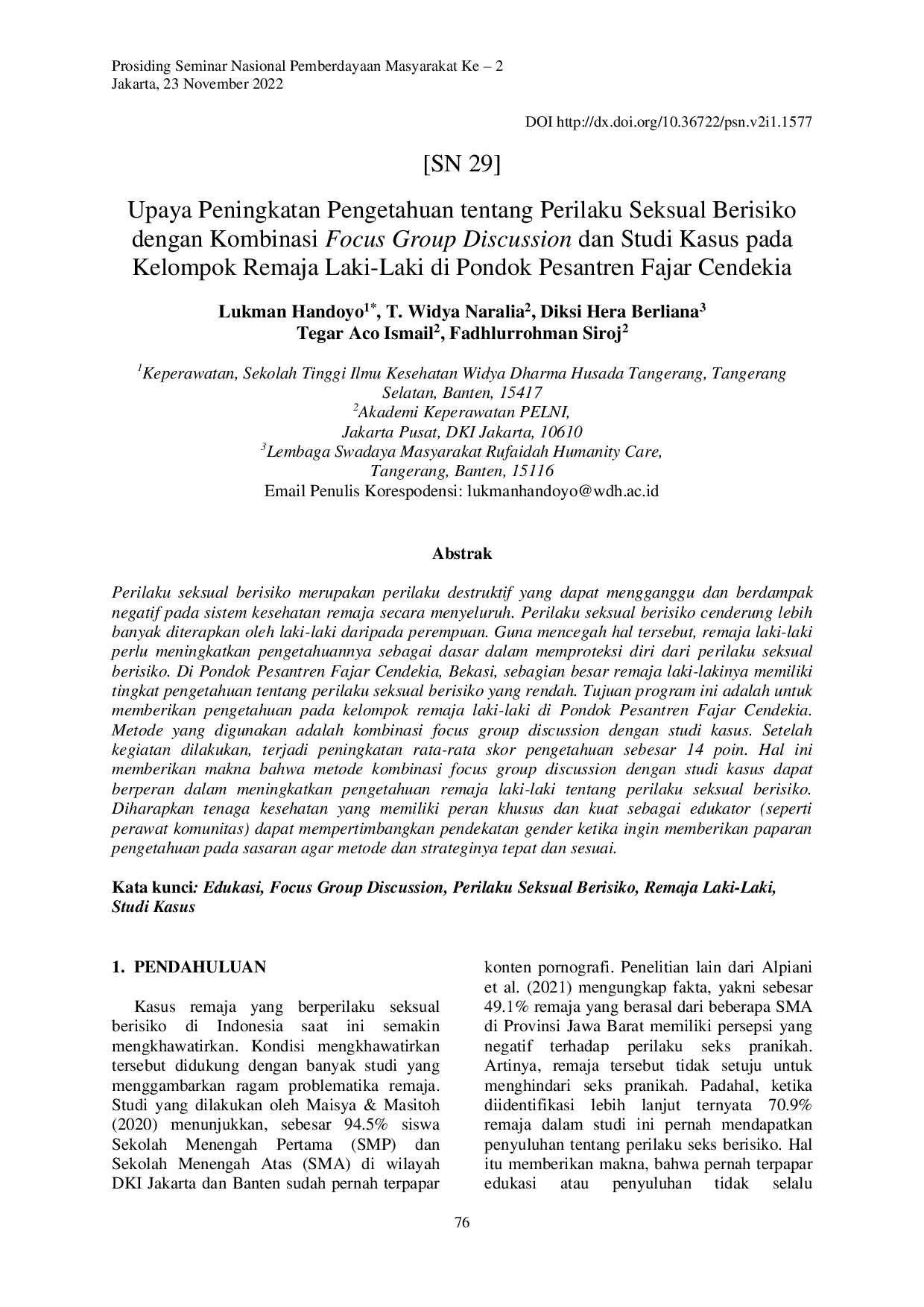 JURIS Upaya Peningkatan Pengetahuan tentang Perilaku Seksual Berisiko dengan Kombinasi Focus Group Discussion dan Studi Kasus pada Kelompok Remaja Laki Laki di Pondok Pesantren Fajar Cendekia