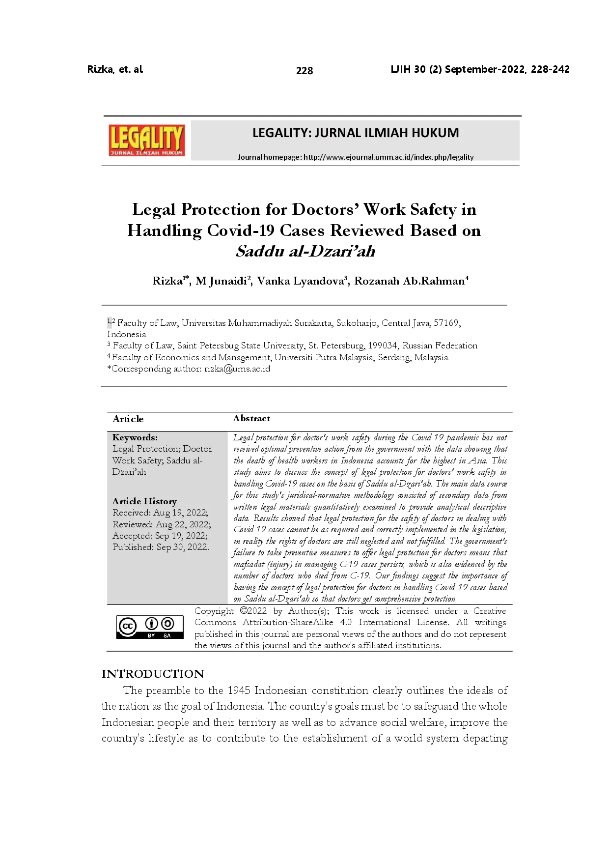 juris Legal protection for doctors work safety in handling Covid 19 cases reviewed based on Saddu al Dzari ah