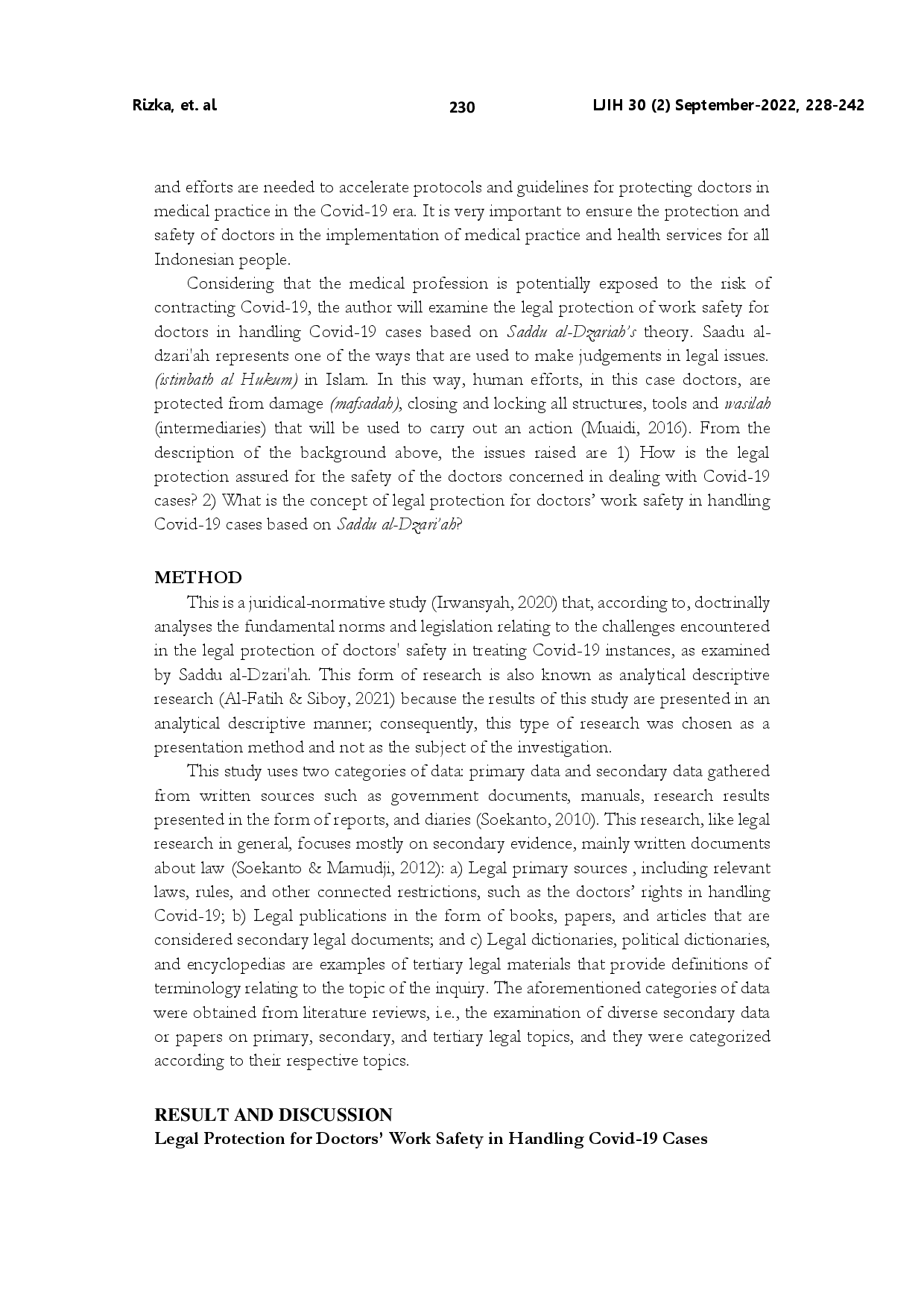 juris Legal protection for doctors work safety in handling Covid 19 cases reviewed based on Saddu al Dzari ah