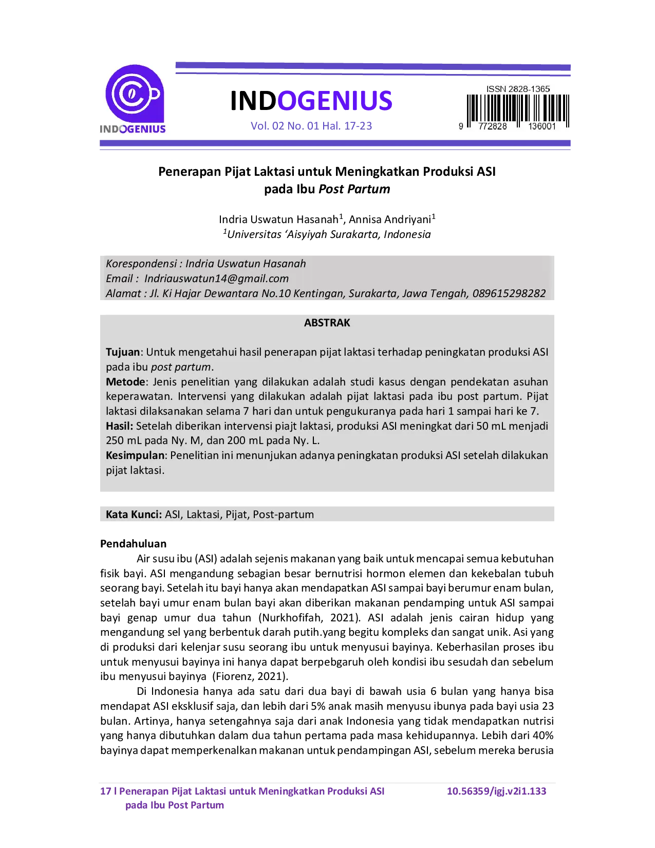 JURIS Penerapan Pijat Laktasi untuk Meningkatkan Produksi ASI pada Ibu Post Partum