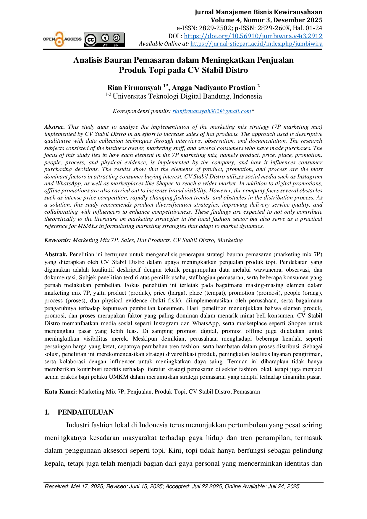 JURIS Analisis Bauran Pemasaran dalam Meningkatkan Penjualan Produk Topi pada CV Stabil Distro