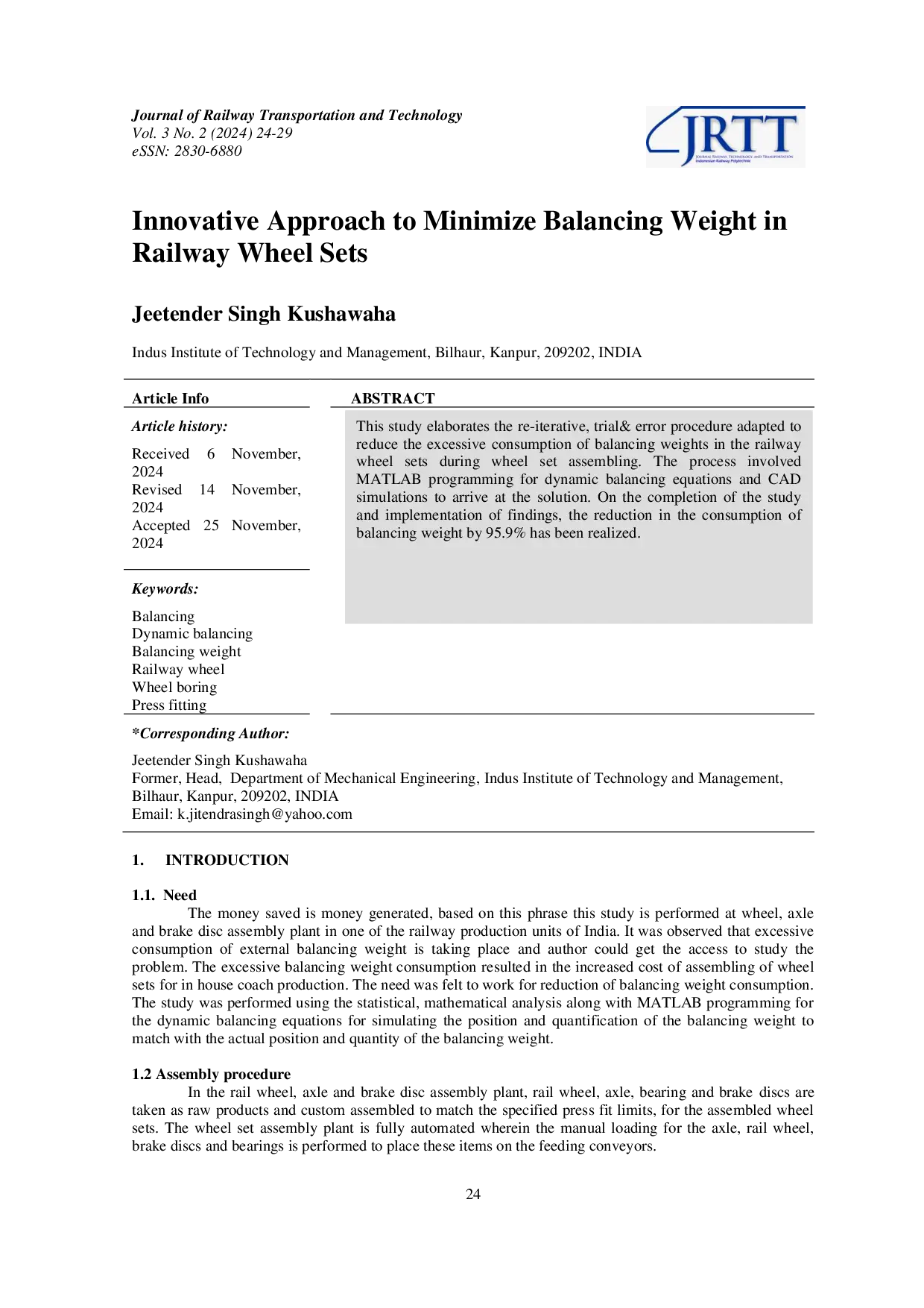 JURIS Innovative Approach to Minimize Balancing Weight in Railway Wheel Sets