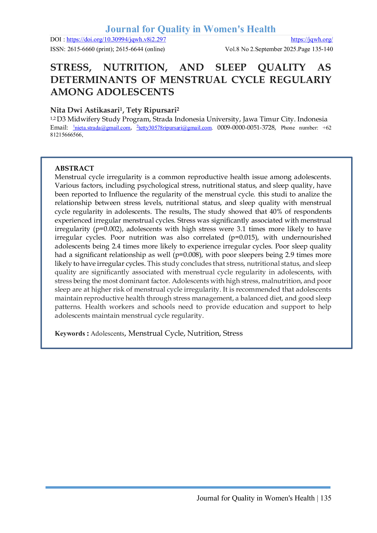 JURIS Stress Nutrition And Sleep Quality As Determinants Of Menstrual Cycle Regularity Among Adolescents