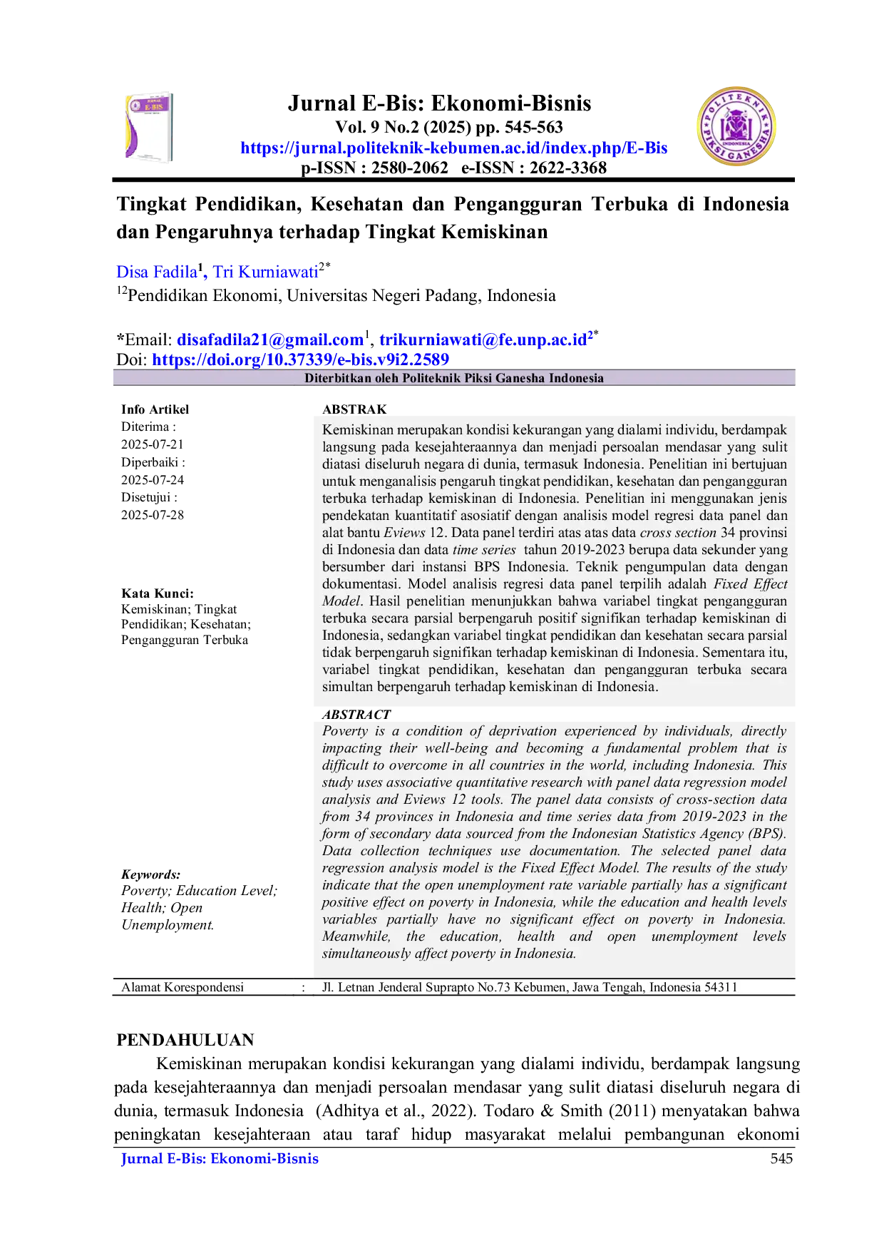 JURIS Tingkat Pendidikan Kesehatan Dan Pengangguran Terbuka Di Indonesia Dan Pengaruhnya Terhadap Tingkat Kemiskinan