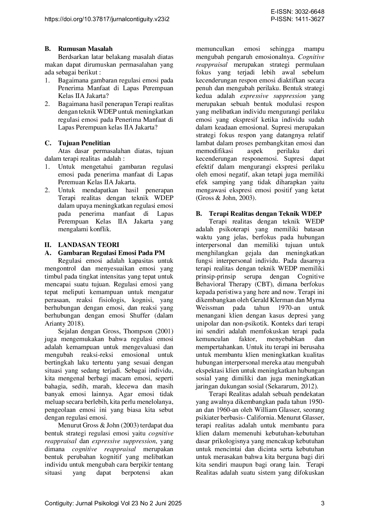 JURIS Penerapan Terapi Realitas dengan Teknik WDEP untuk Meningkatkan Regulasi Emosi pada Penerima Manfaat PM di Lapas Perempuan Kelas IIA Jakarta