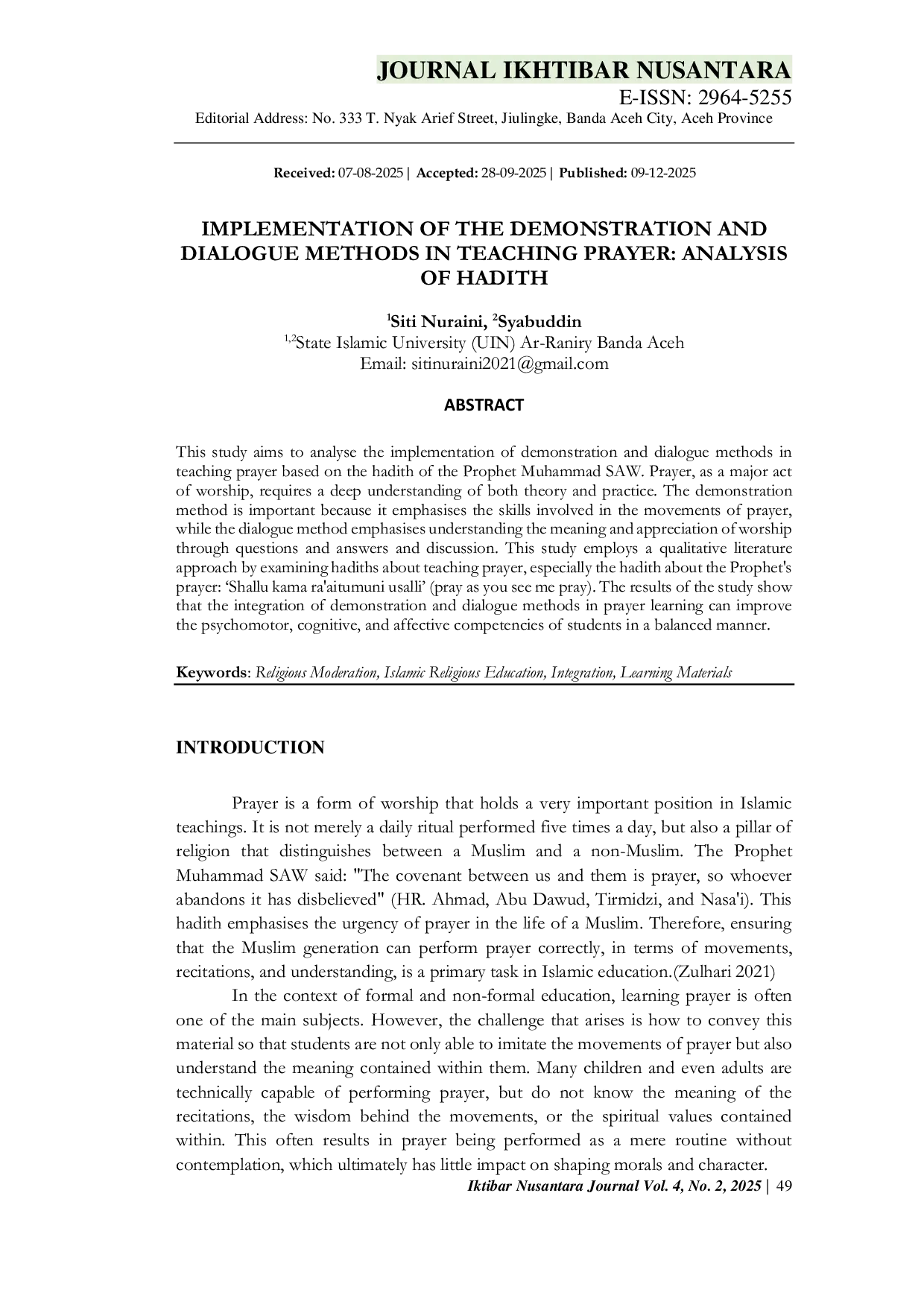JURIS IMPLEMENTATION OF THE DEMONSTRATION AND DIALOGUE METHODS IN TEACHING PRAYER ANALYSIS OF HADITH