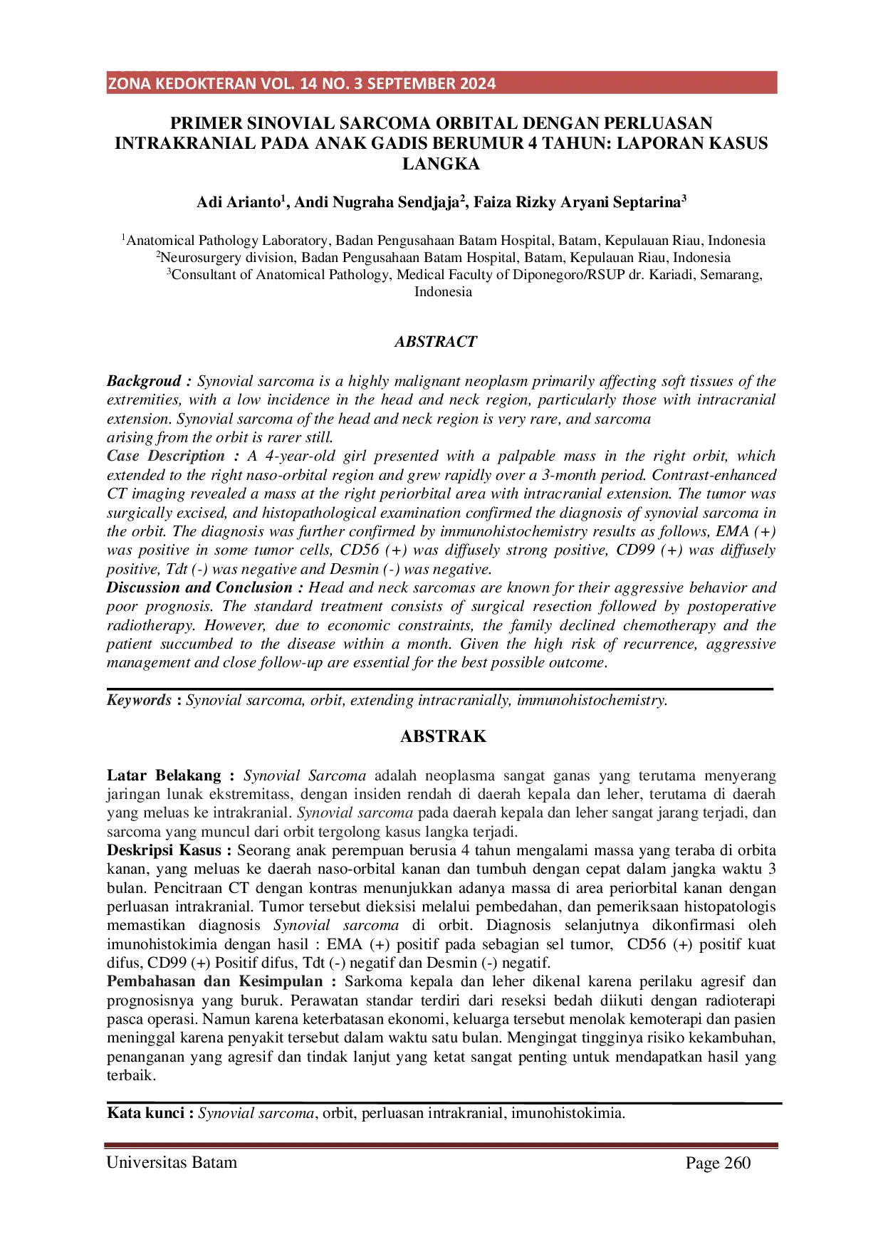 JURIS Primer Sinovial Sarcoma Orbital Dengan Perluasan Intrakranial Pada Anak Gadis Berumur 4 Tahun Laporan Kasus Langka