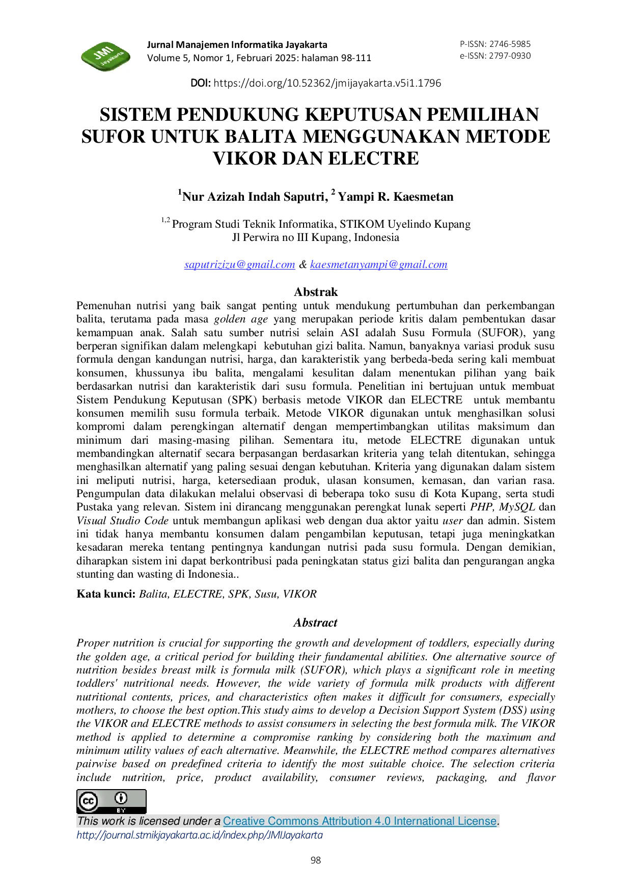 JURIS Sistem Pendukung Keputusan Pemilihan Sufor Untuk Balita Menggunakan Metode VIKOR dan ELECTRE