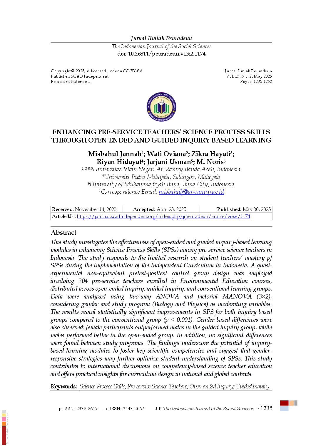 juris Enhancing Pre Service Teachers Science Process Skills Through Open Ended and Guided Inquiry Based Learning