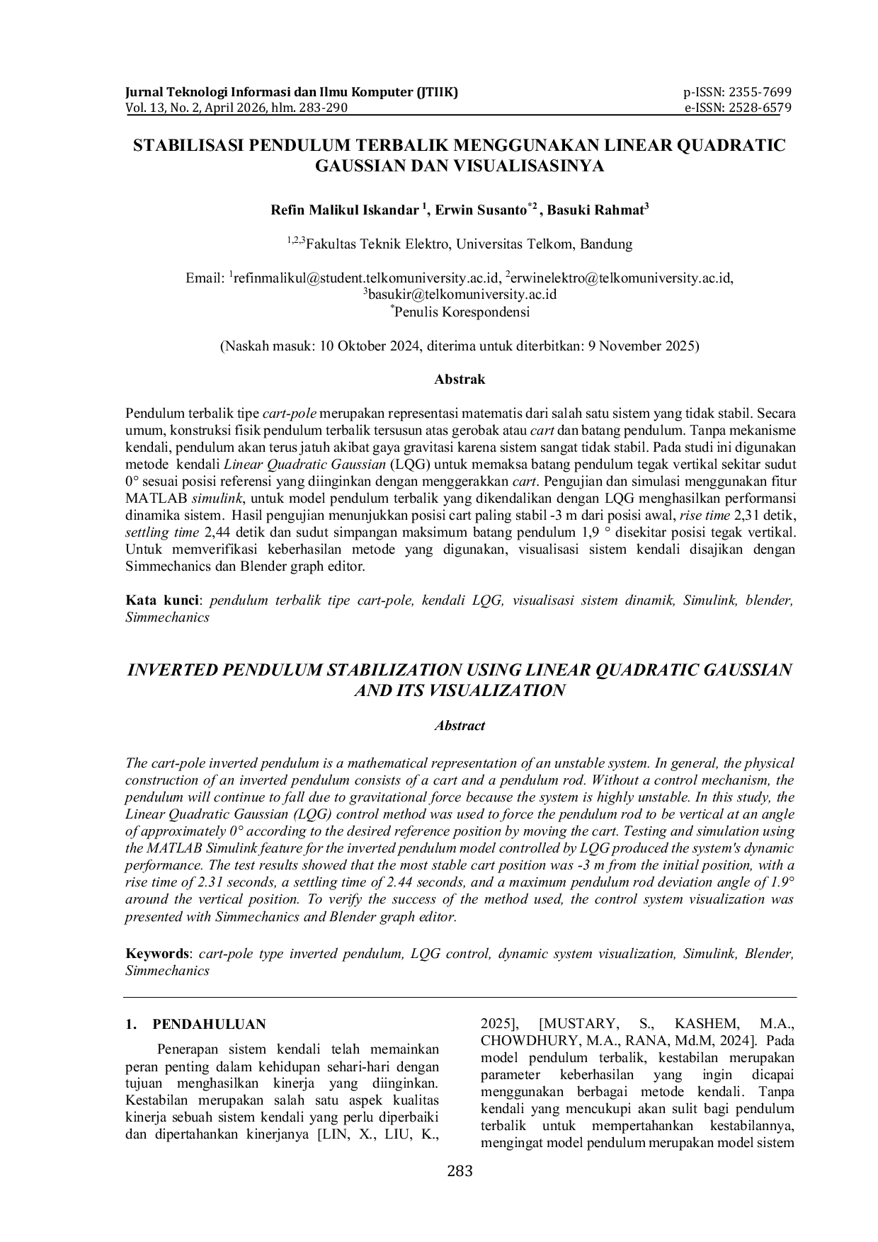 JURIS Stabilisasi Pendulum Terbalik Menggunakan Linear Quadratic Gaussian dan Visualisasinya
