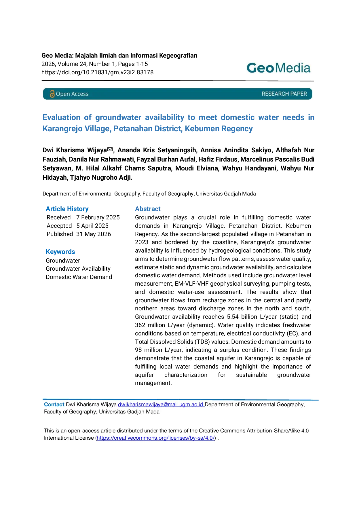 JURIS Evaluation of groundwater availability to meet domestic water needs in Karangrejo Village Petanahan District Kebumen Regency