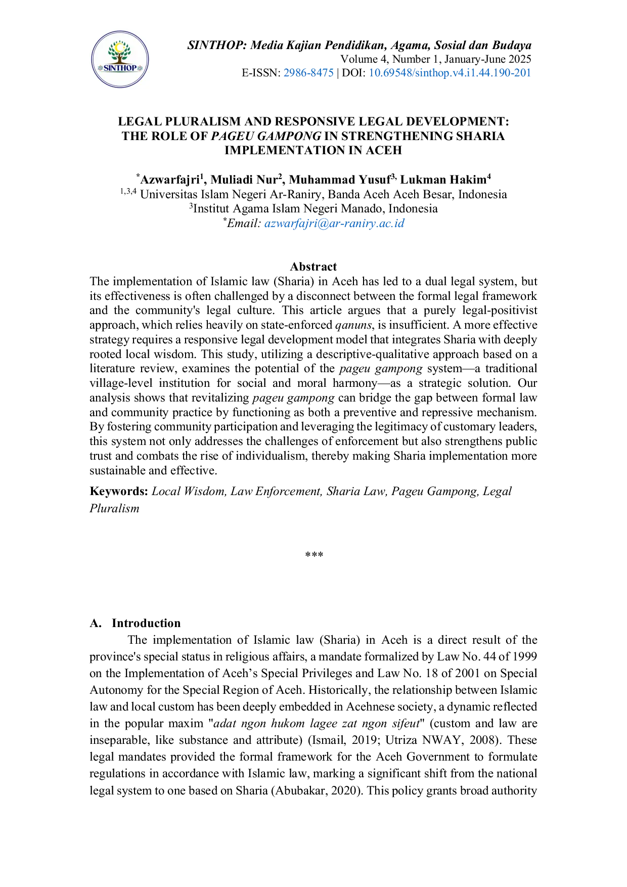 JURIS Legal Pluralism and Responsive Legal Development The Role of Pageu Gampong in Strengthening Sharia Implementation in Aceh