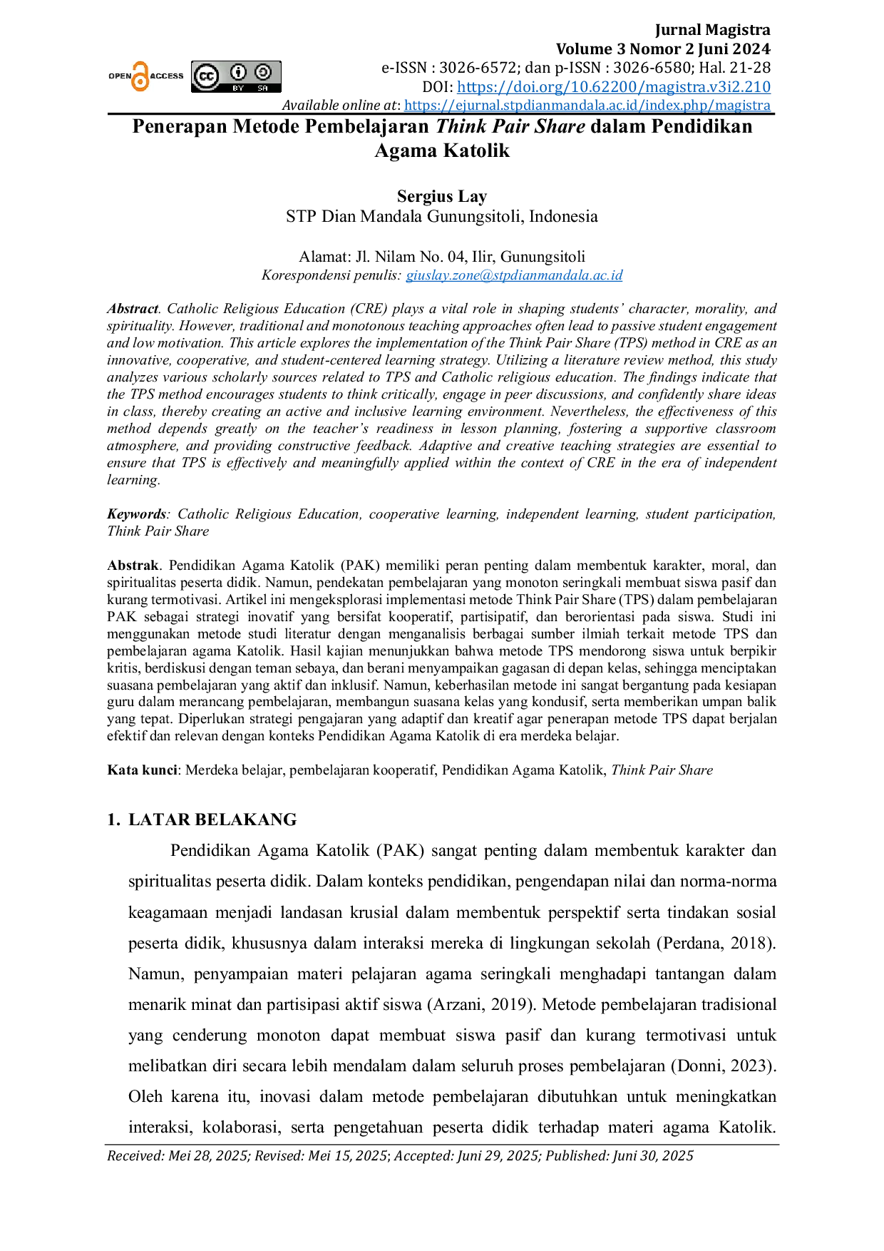 JURIS Penerapan Metode Pembelajaran Think Pair Share dalam Pendidikan Agama Katolik