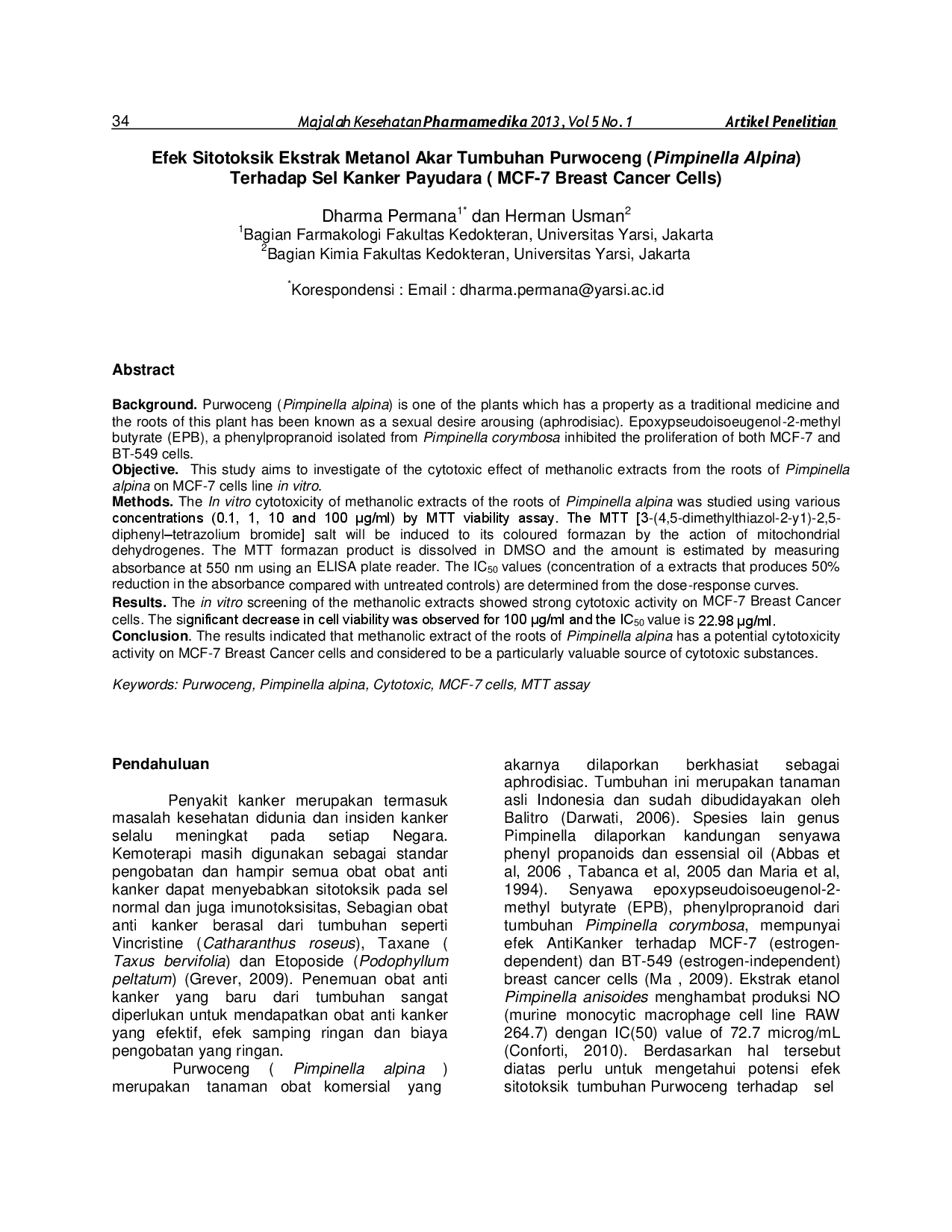 juris Efek Sitotoksik Ekstrak Metanol Akar Tumbuhan Purwoceng Pimpinella Alpina Terhadap Sel Kanker Payudara MCF 7 Breast Cancer Cells