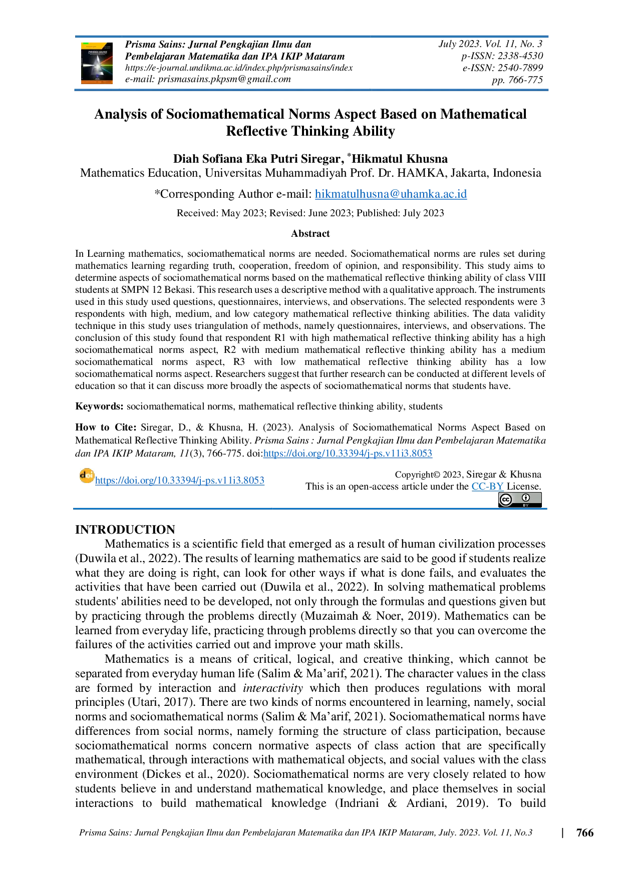 JURIS Analysis of Sociomathematical Norms Aspect Based on Mathematical Reflective Thinking Ability