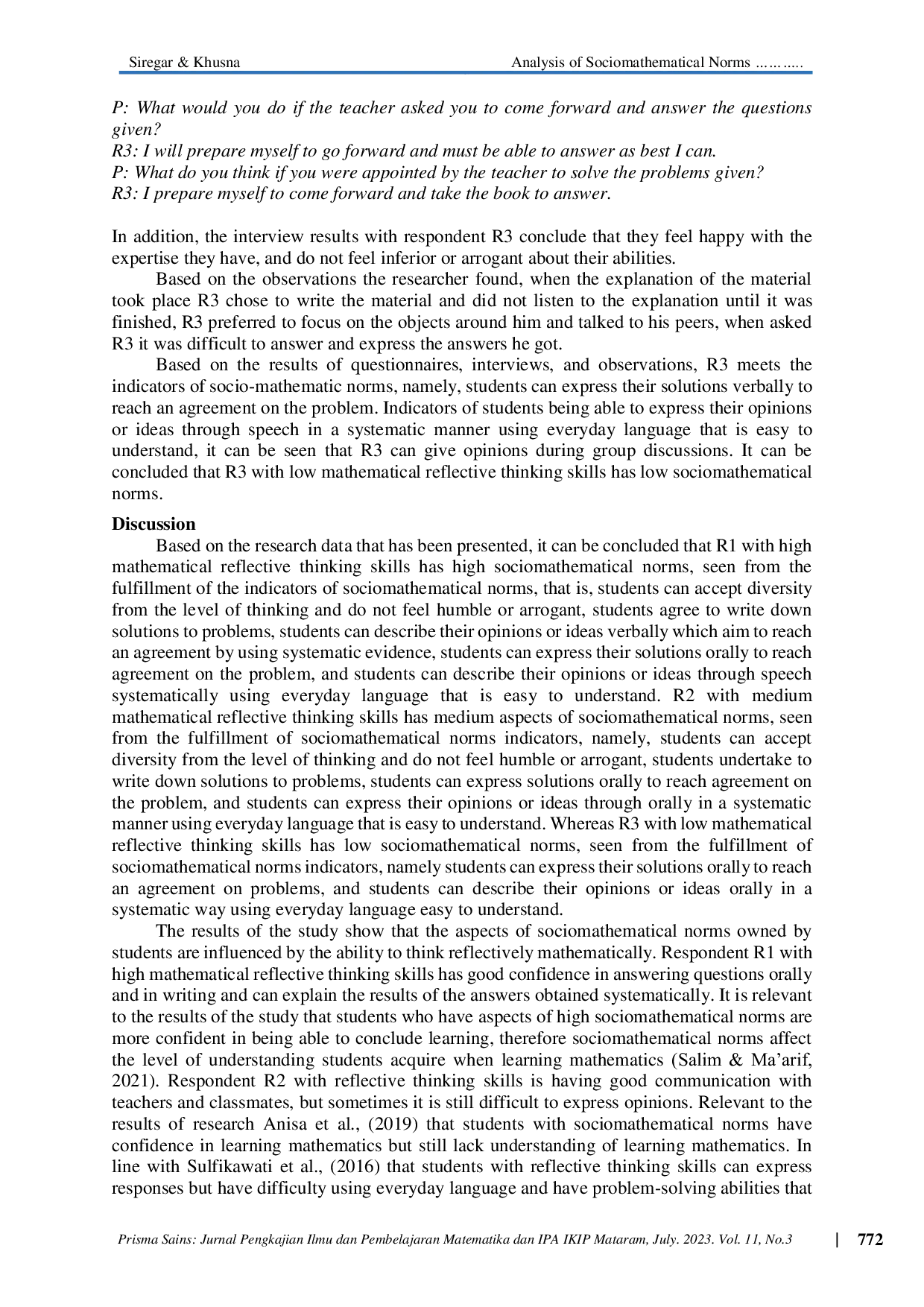 JURIS Analysis of Sociomathematical Norms Aspect Based on Mathematical Reflective Thinking Ability