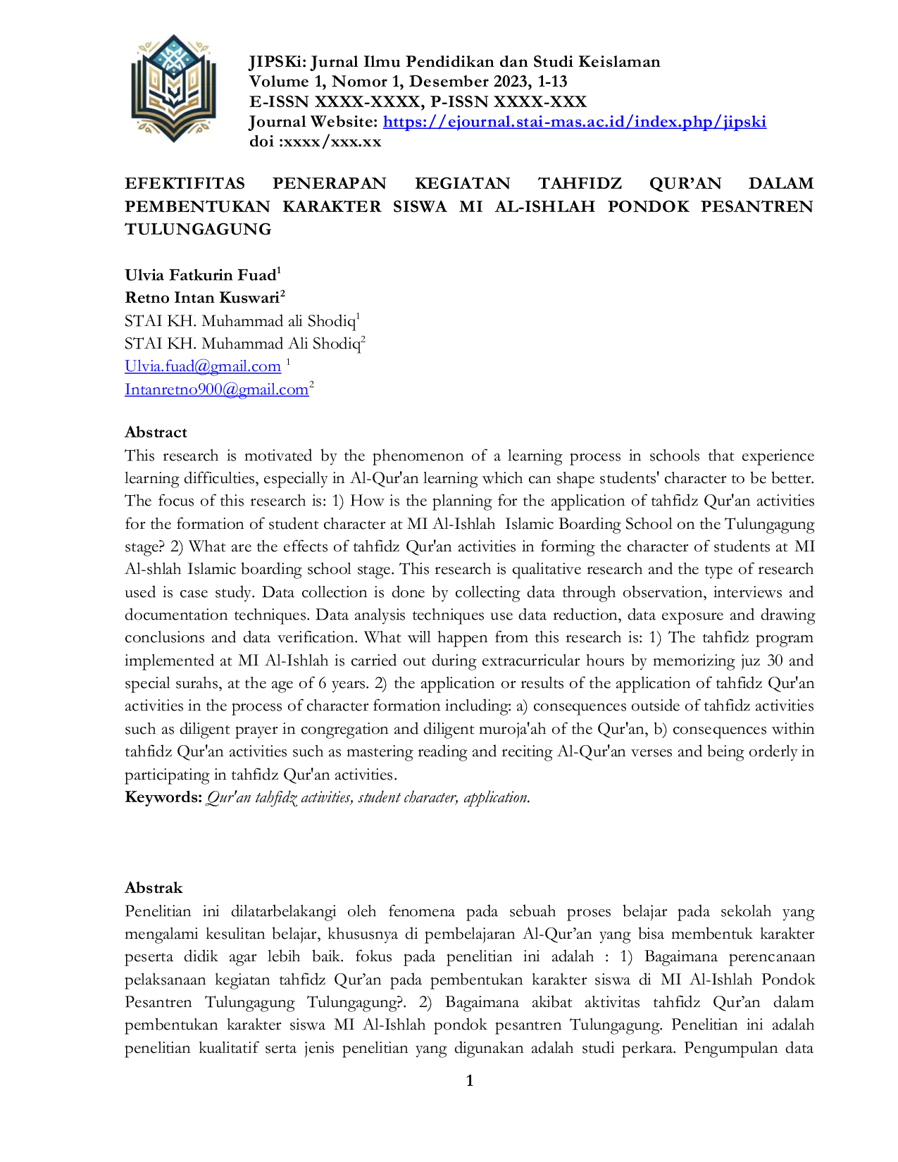 JURIS Penerapan Kegiatan Tahfidz Qur an Dalam Efektifitas Pembentukan Karakter Siswa MI Al Ishlah Pondok Pesantren Tulungagung